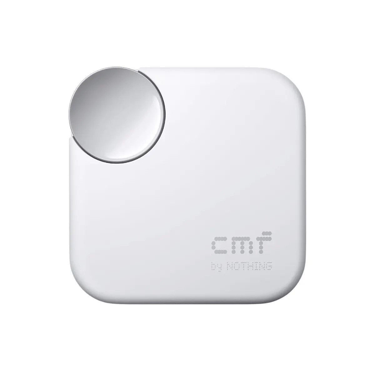 Weißer CMF by Nothing Tracker mit silberner runder Öffnung für Umhängeband oben links.