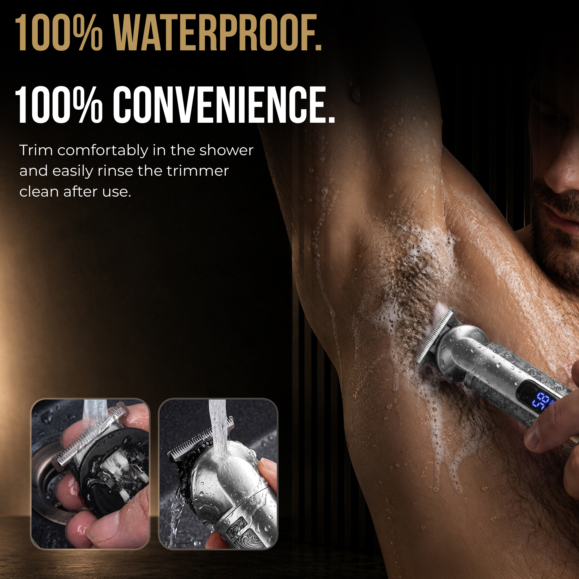 Ein Mann rasiert Achselhaare unter der Dusche mit einem wasserdichten Trimmer, daneben Detailbilder beim Abspülen.