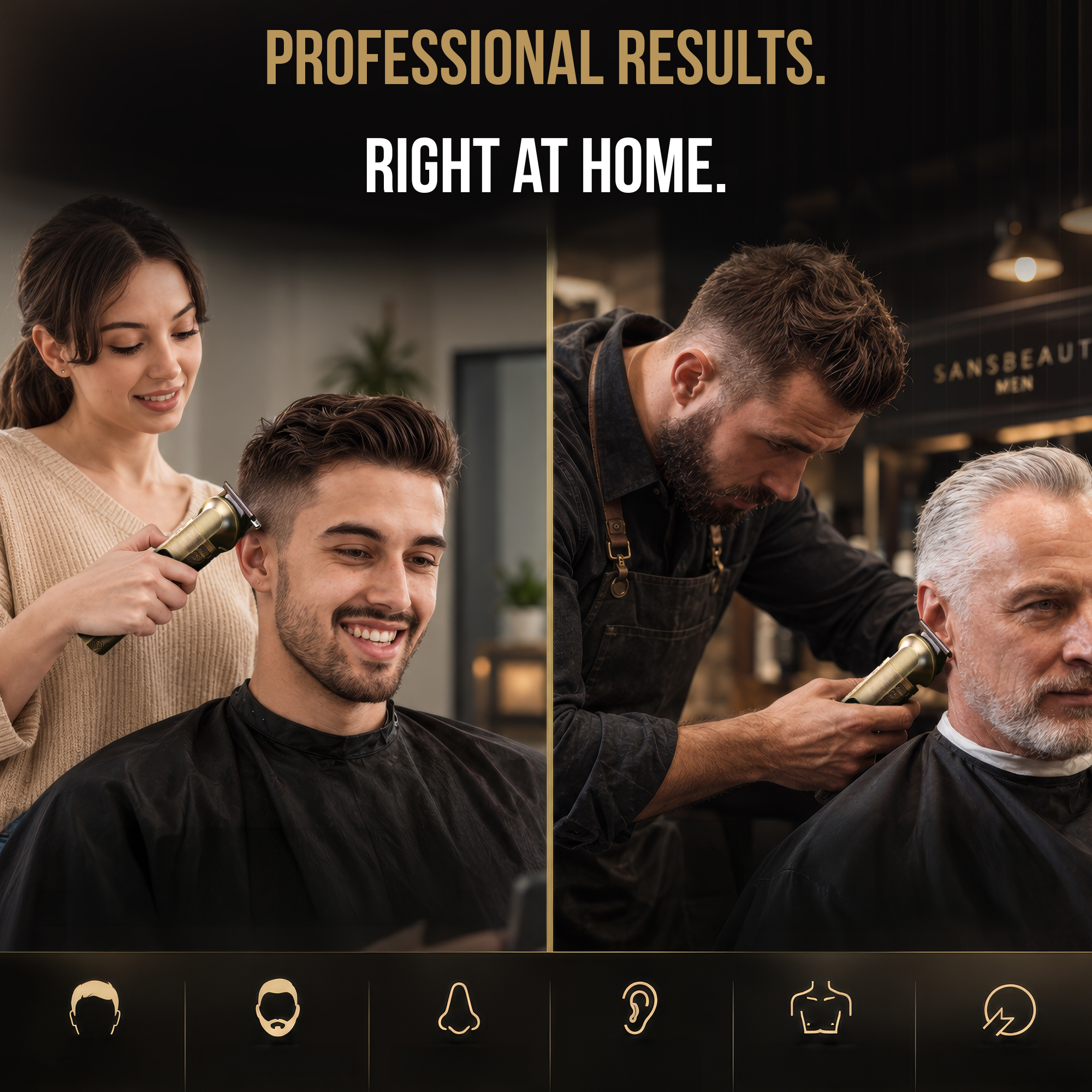 Eine Frau schneidet zu Hause Haare und ein Barber schneidet Haare, was vielseitiges Trimmen zeigt.