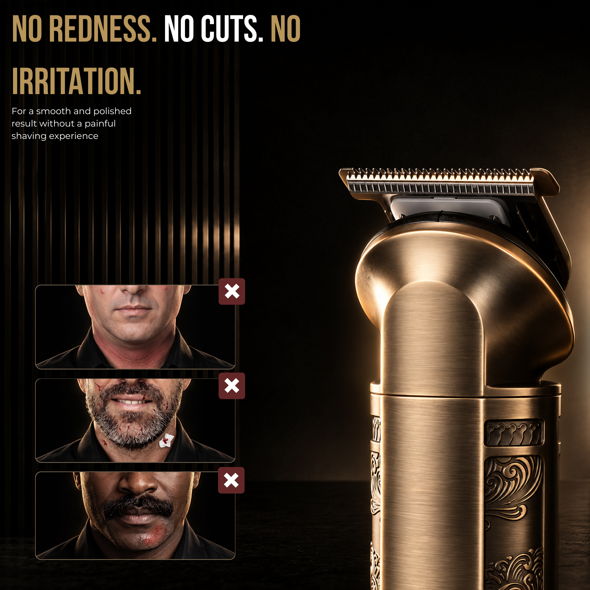 A gold electric razor is displayed alongside text and images showing poor shaving results marked with red crosses.