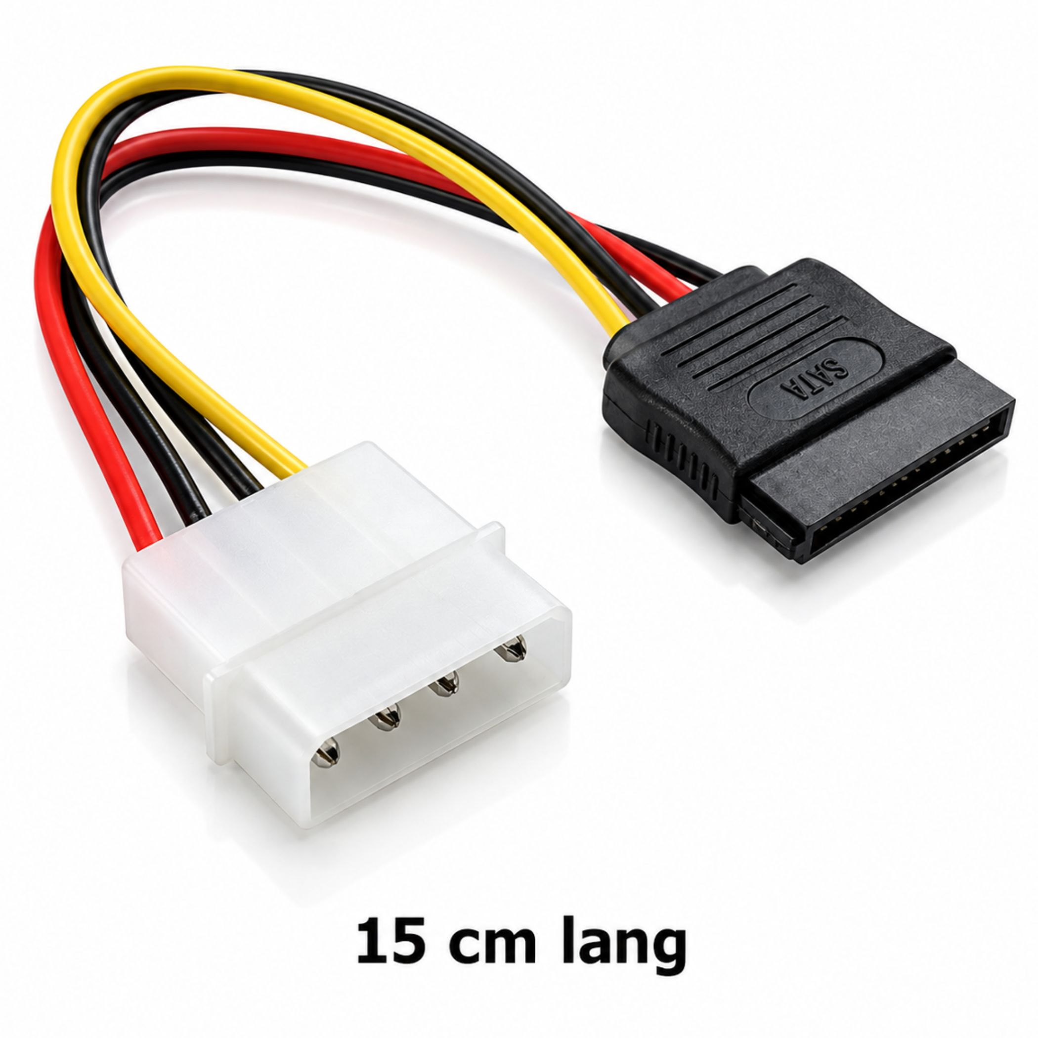 15 cm langes Stromkabel mit weißem Molex-Stecker und schwarzem SATA-Stecker auf weißem Hintergrund.