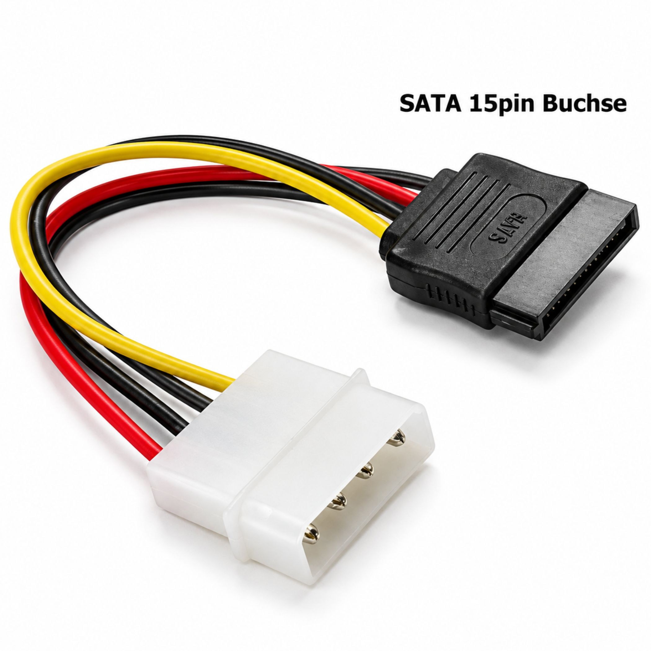 Ein SATA 15-Pin Buchsenkabel mit gelben, roten und schwarzen Adern und einem weißen Molex-Stecker.