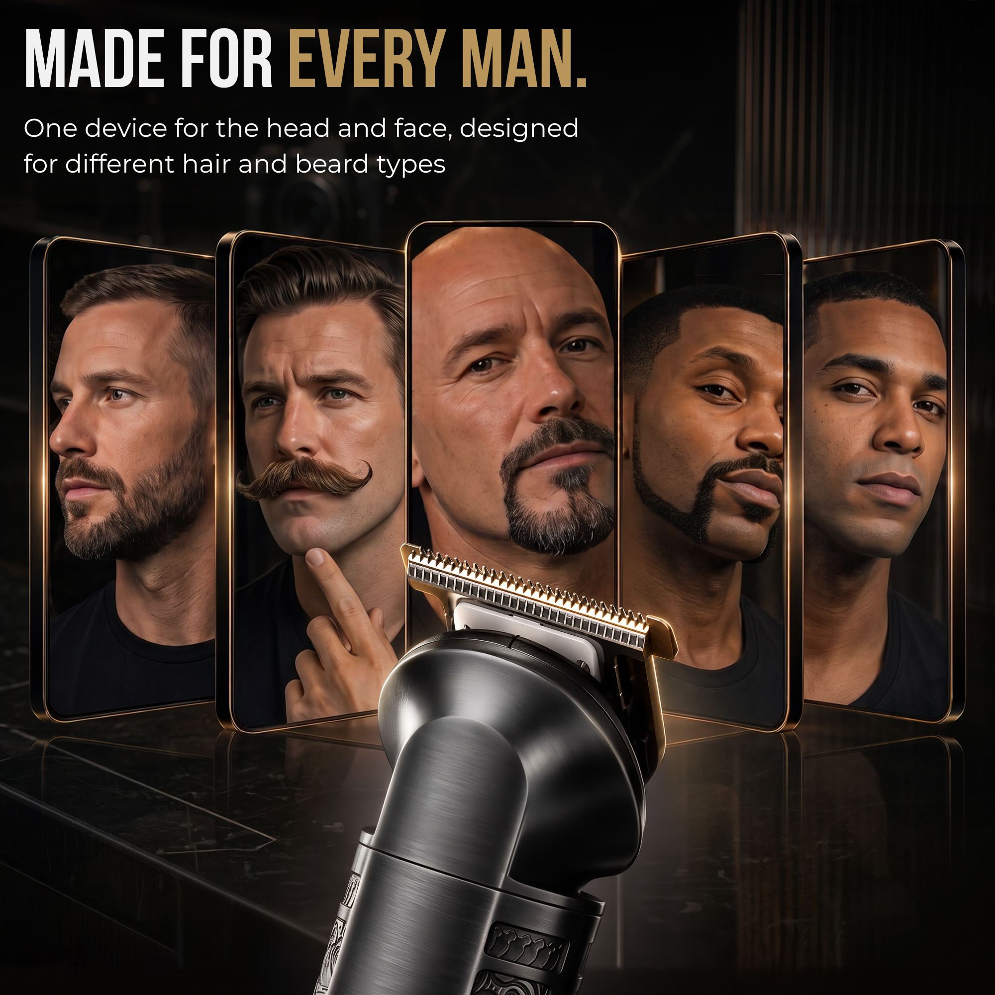 A trimmer in the foreground with five screens behind showing men with various facial hair styles.