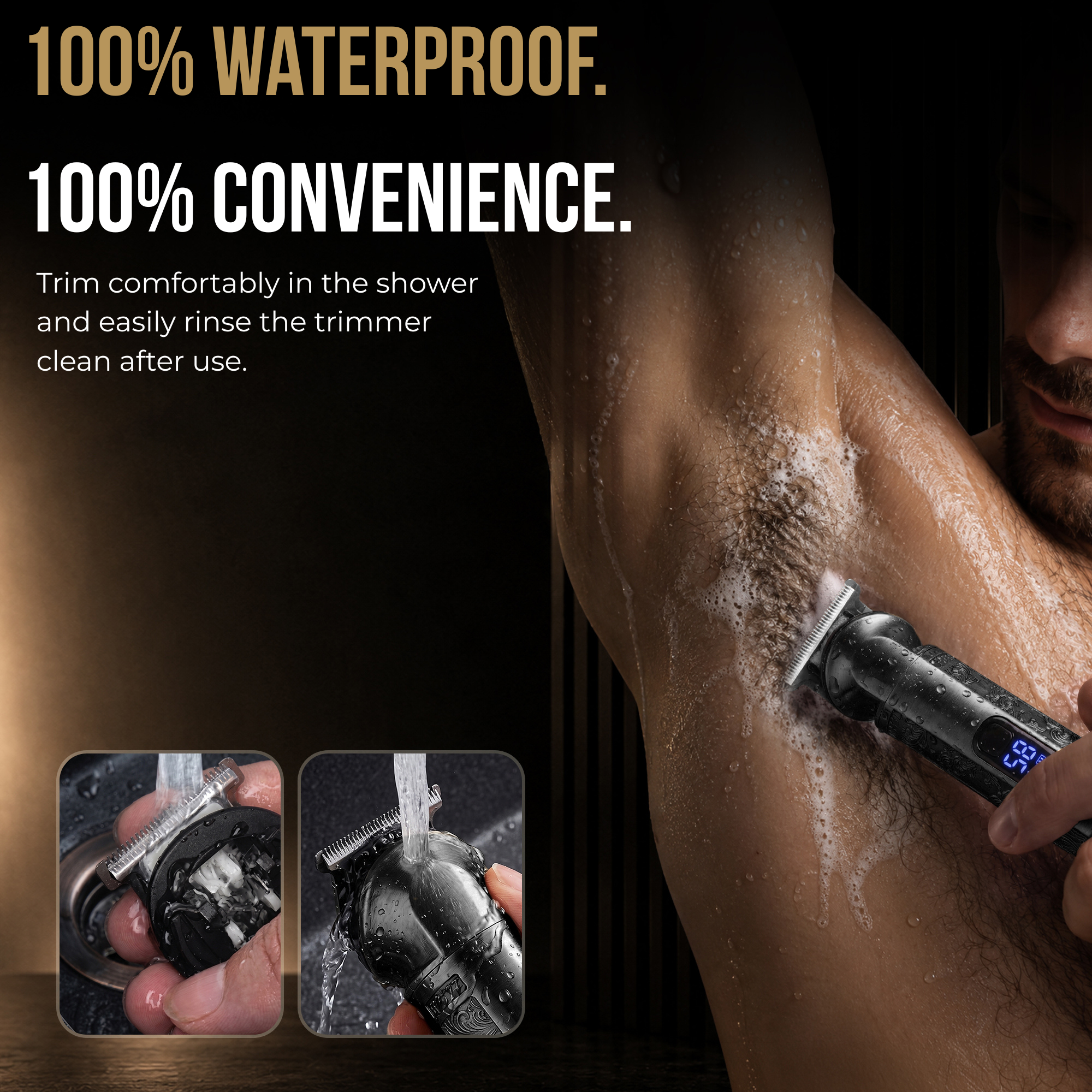 A man uses a waterproof trimmer under the shower, with inset photos showing it being rinsed under running water.