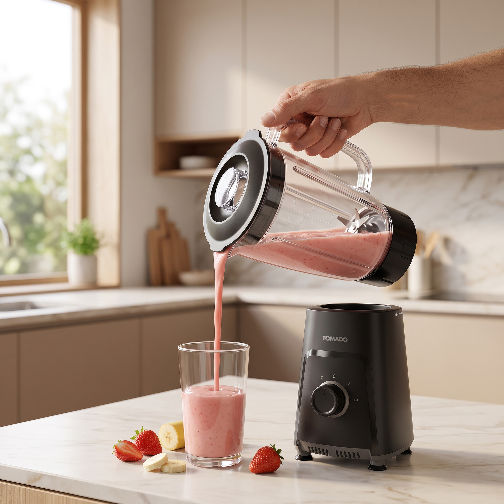 A hand pours pink smoothie from a blender into a glass on a kitchen counter with fresh fruit.