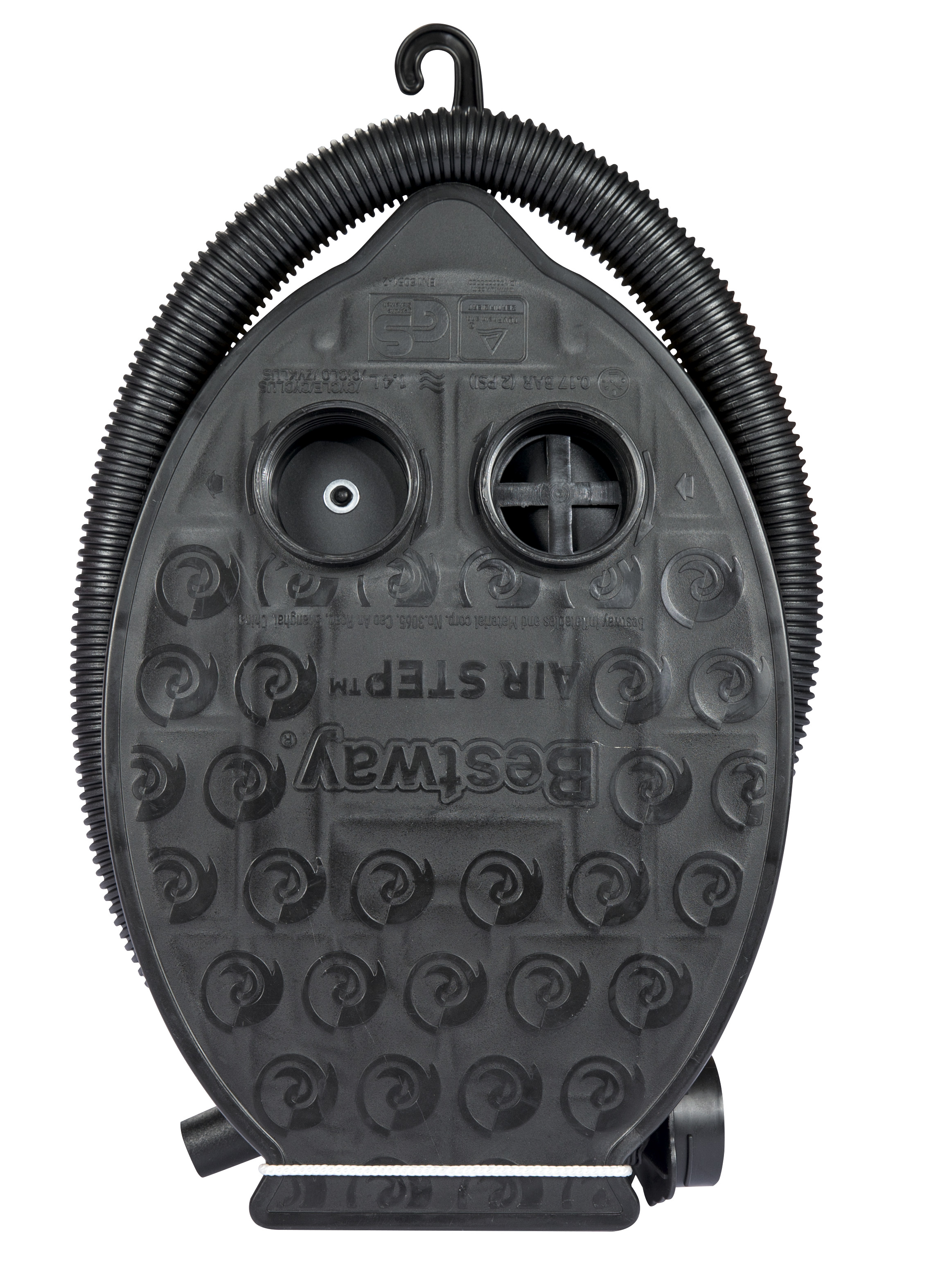 Eine schwarze Bestway Air Step Luftpumpe mit geripptem Schlauch vor weißem Hintergrund.