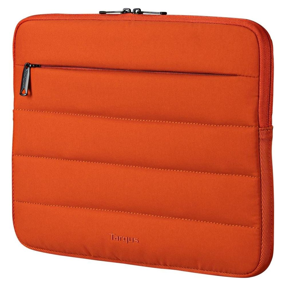 Eine orangefarbene Targus-Laptoptasche mit horizontalen Steppnähten, einer Fronttasche mit Reißverschluss und schwarzen Beschlägen.
