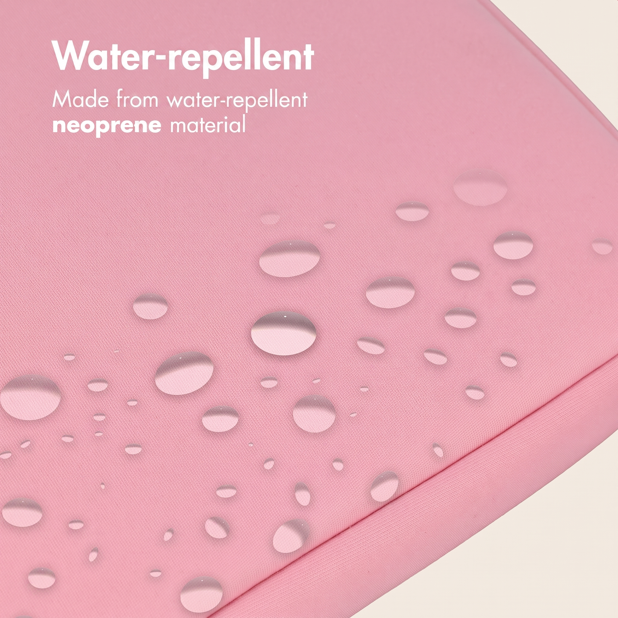 Wasserabweisendes rosa Neoprenmaterial mit Wassertropfen und Text darüber.