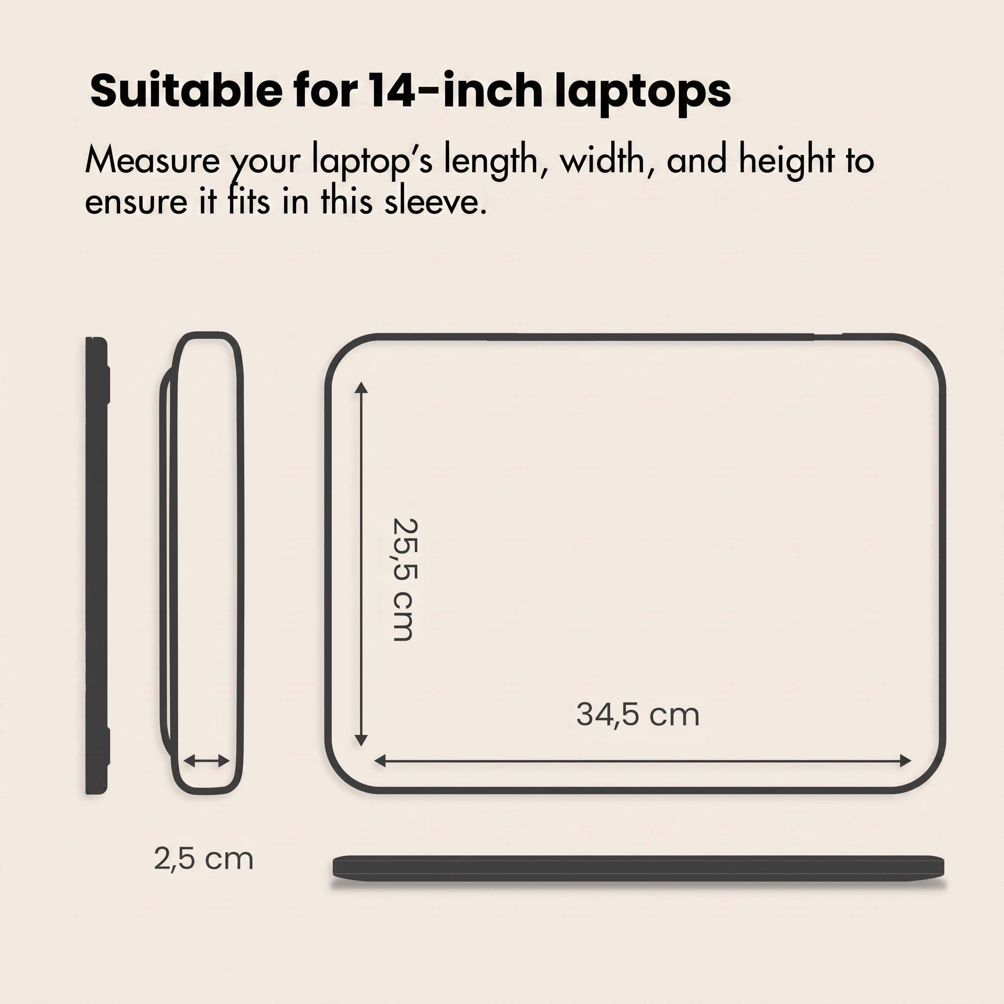 Laptop-Hülle mit Maßen von 34,5 cm Breite, 25,5 cm Höhe und 2,5 cm Dicke.