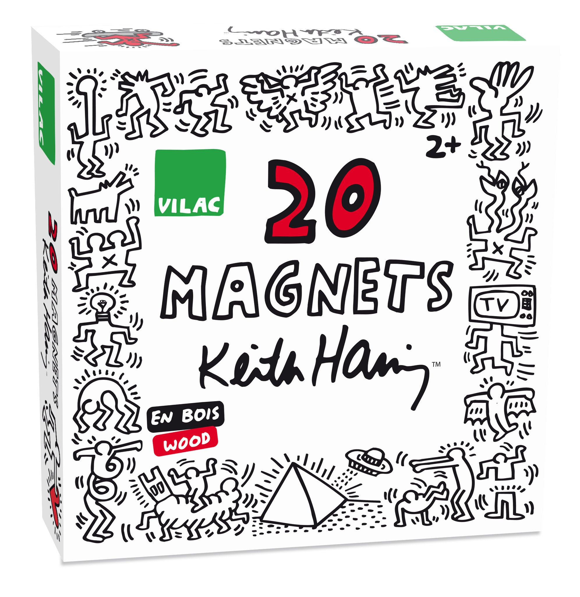 Produktverpackung für Keith Haring Holzmagnete von Vilac mit schwarzem Grafikdesign auf weißem Grund.