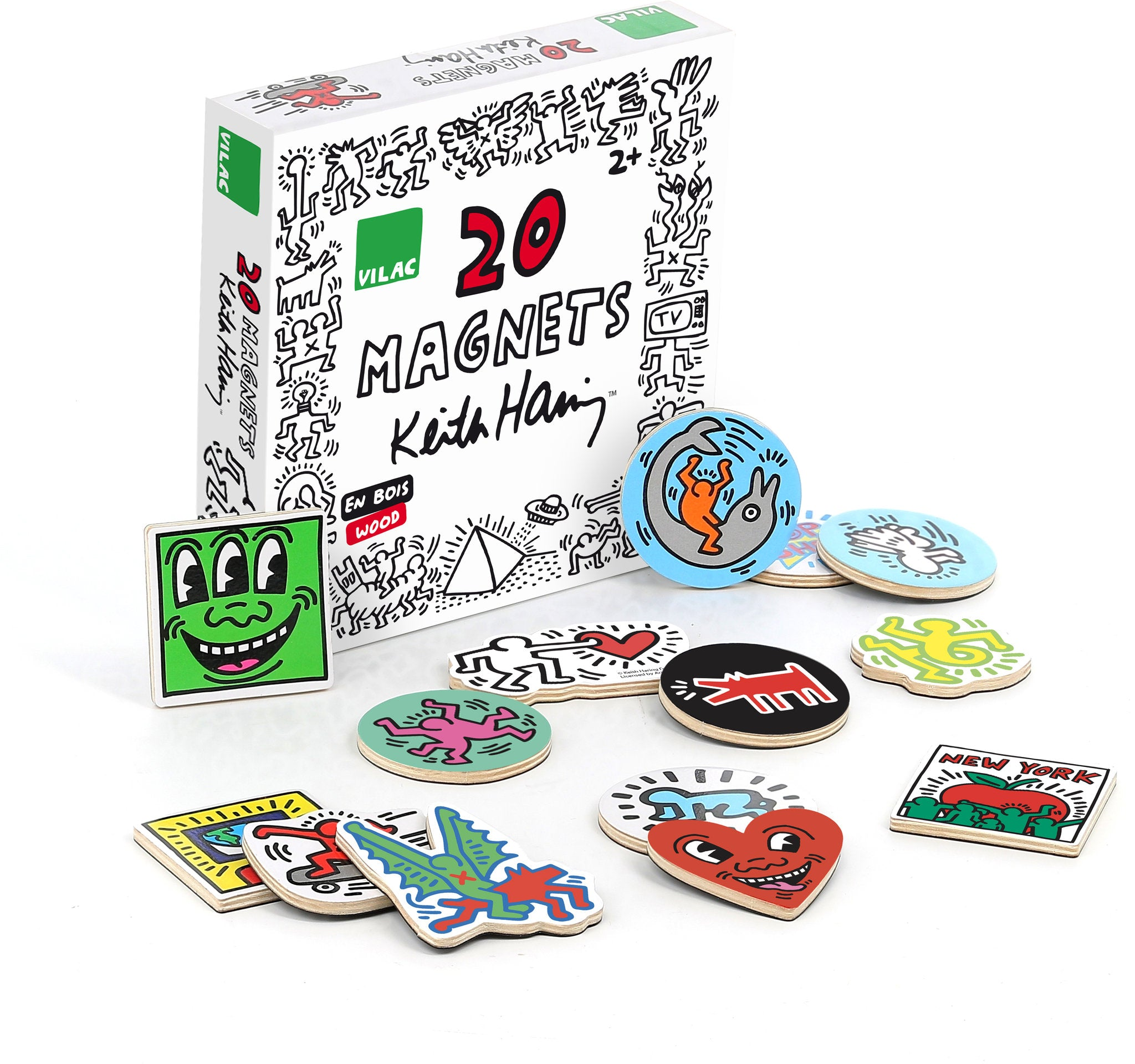 Vilac Holzmagnet-Set von Keith Haring mit bunten Kunstwerken und Schachtel.