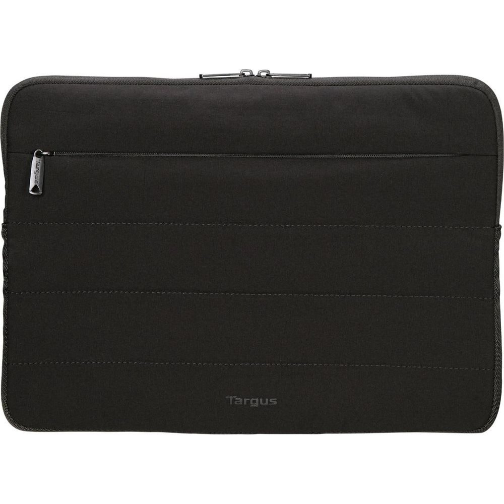Schwarze gepolsterte Targus-Laptoptasche mit Reißverschluss vorne und Branding unten.