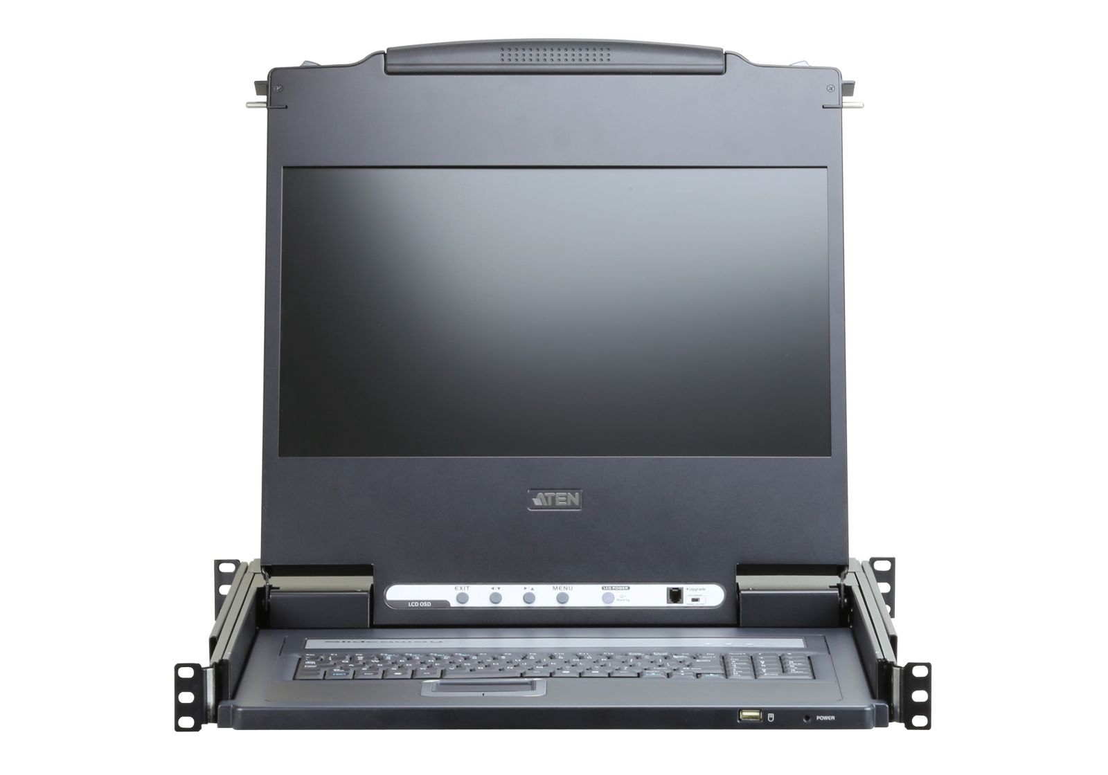 Ein schwarzes Rack-LCD-Konsolenmodul mit ausgeklapptem Bildschirm und integrierter Tastatur vor weißem Hintergrund.