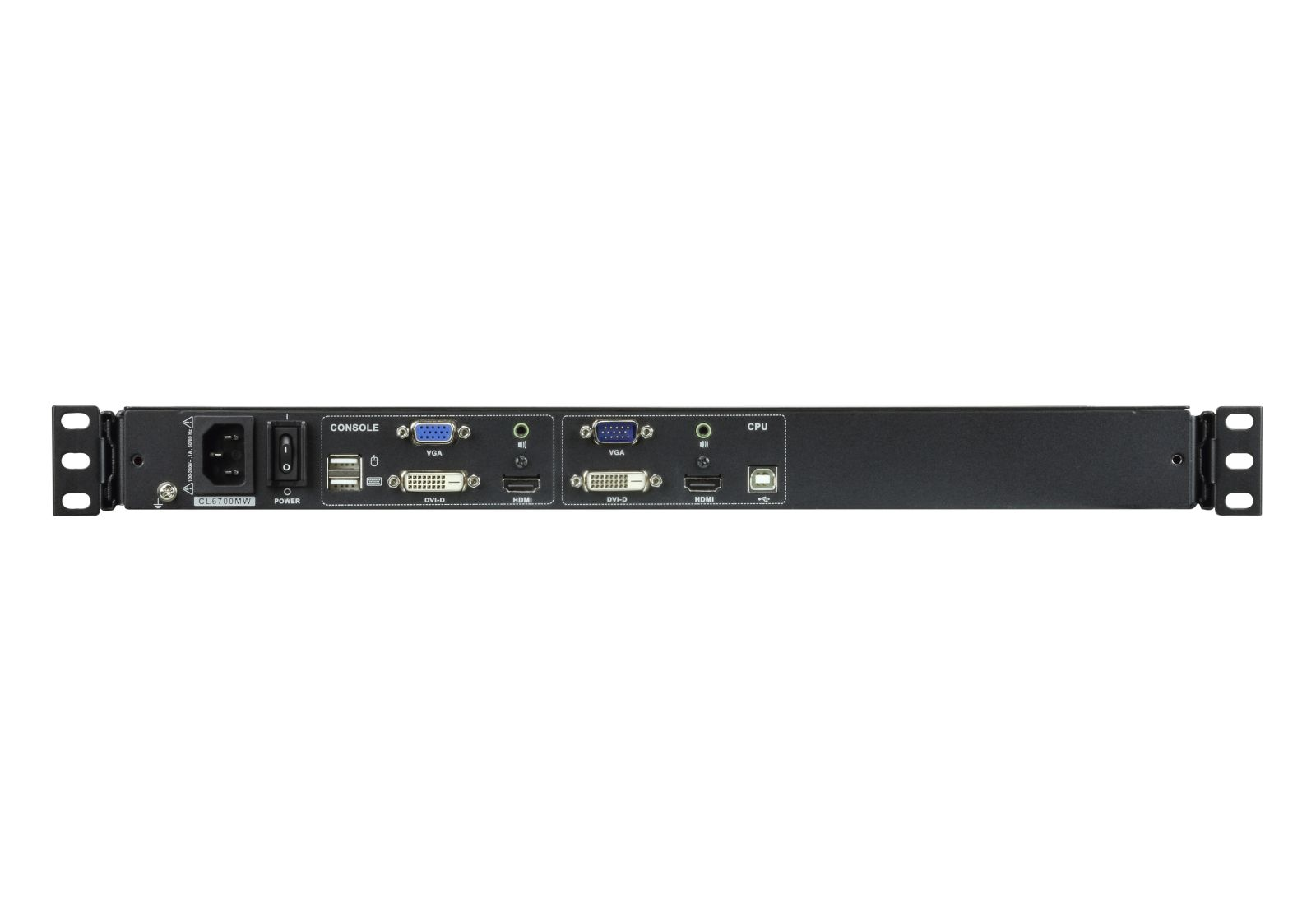 Rückseite eines schwarzen Rackmount-Geräts mit Strom-, Konsolen- und CPU-Anschlüssen wie VGA, DVI-D und HDMI.