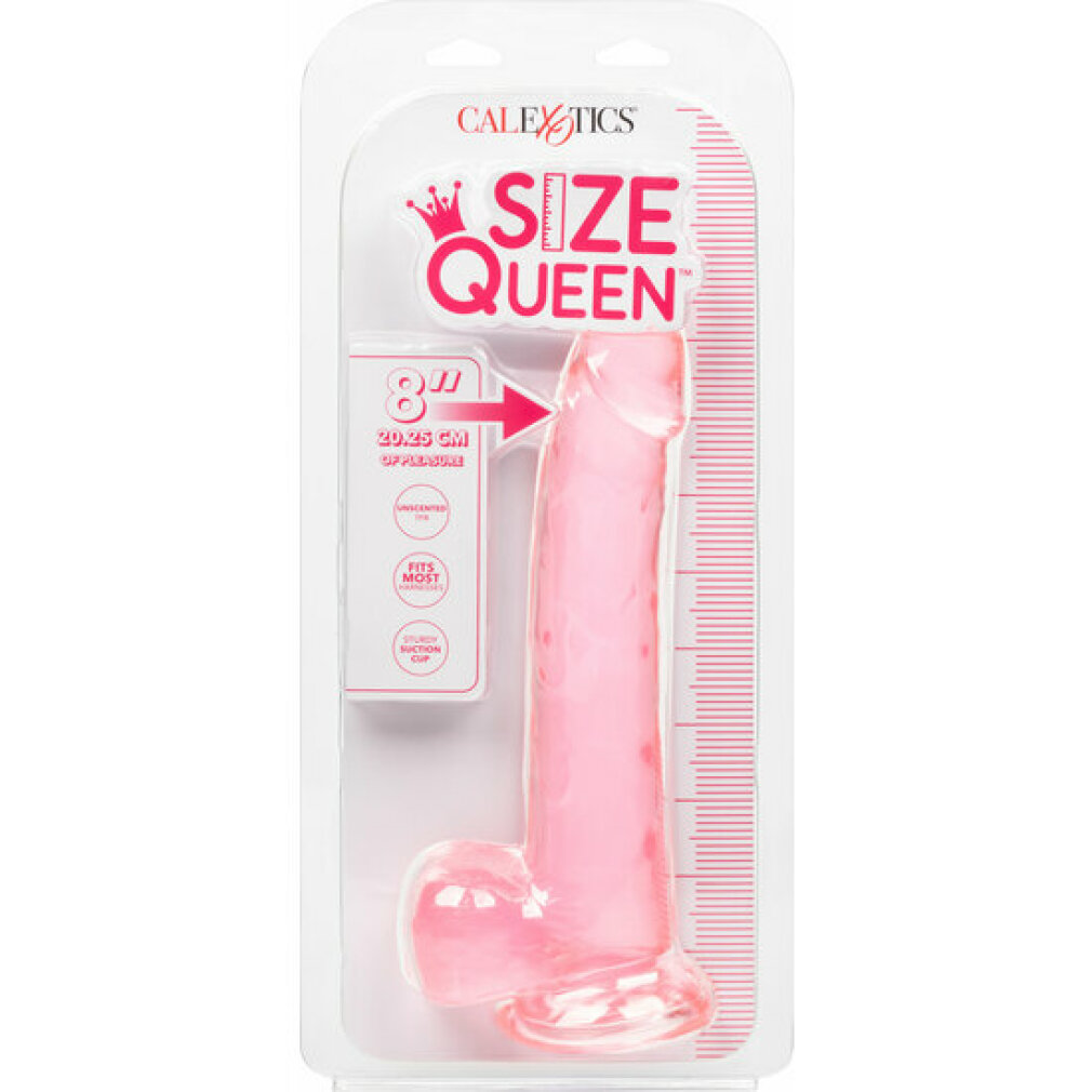 Rosa Dildo in transparenter Verpackung mit der Aufschrift Size Queen und einer Skala an der Seite.
