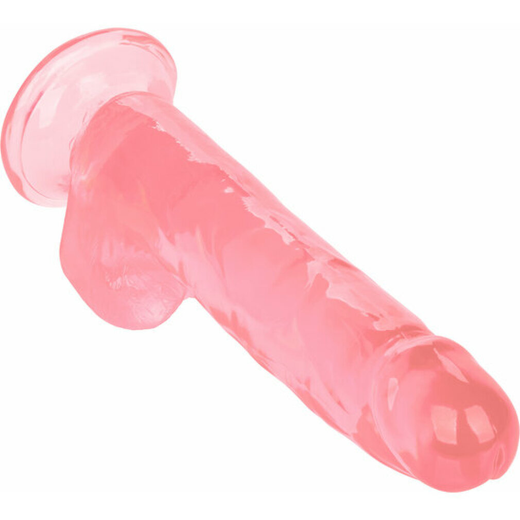 Ein glänzender, rosa Silikondildo mit Saugnapfbasis auf weißem Hintergrund.