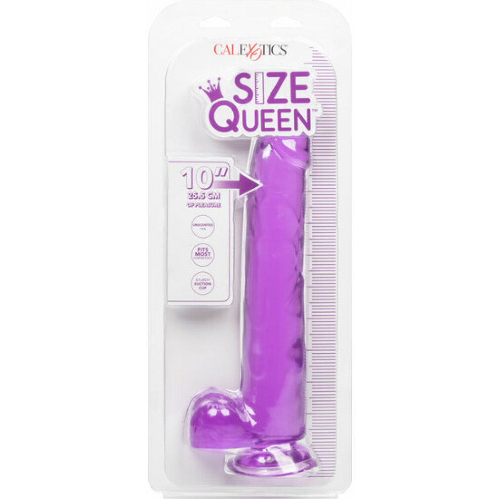 Lila farbener Silikon-Dildo in Verpackung mit der Aufschrift Size Queen und 10 Zoll.