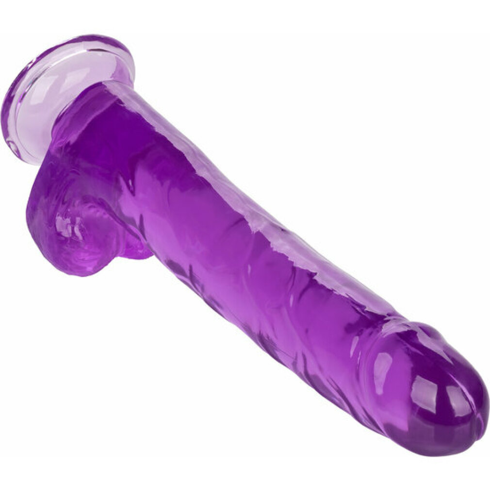 Ein längliches, violettes Sexspielzeug aus Glas mit strukturierter Oberfläche und Saugfuß vor weißem Hintergrund.