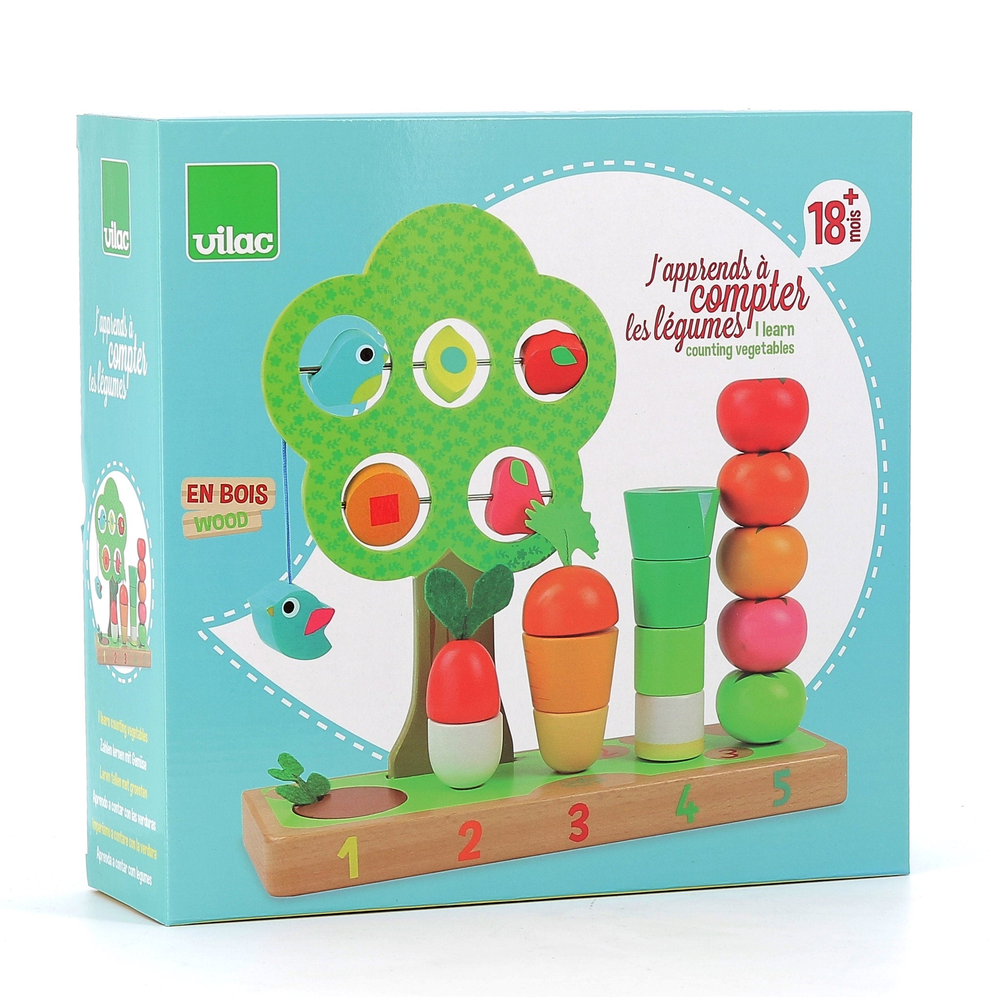 Verpackung eines Vilac Holz-Lernspielzeugs mit bunten Früchten und Gemüse zum Zählen, für Kinder ab 18 Monaten.