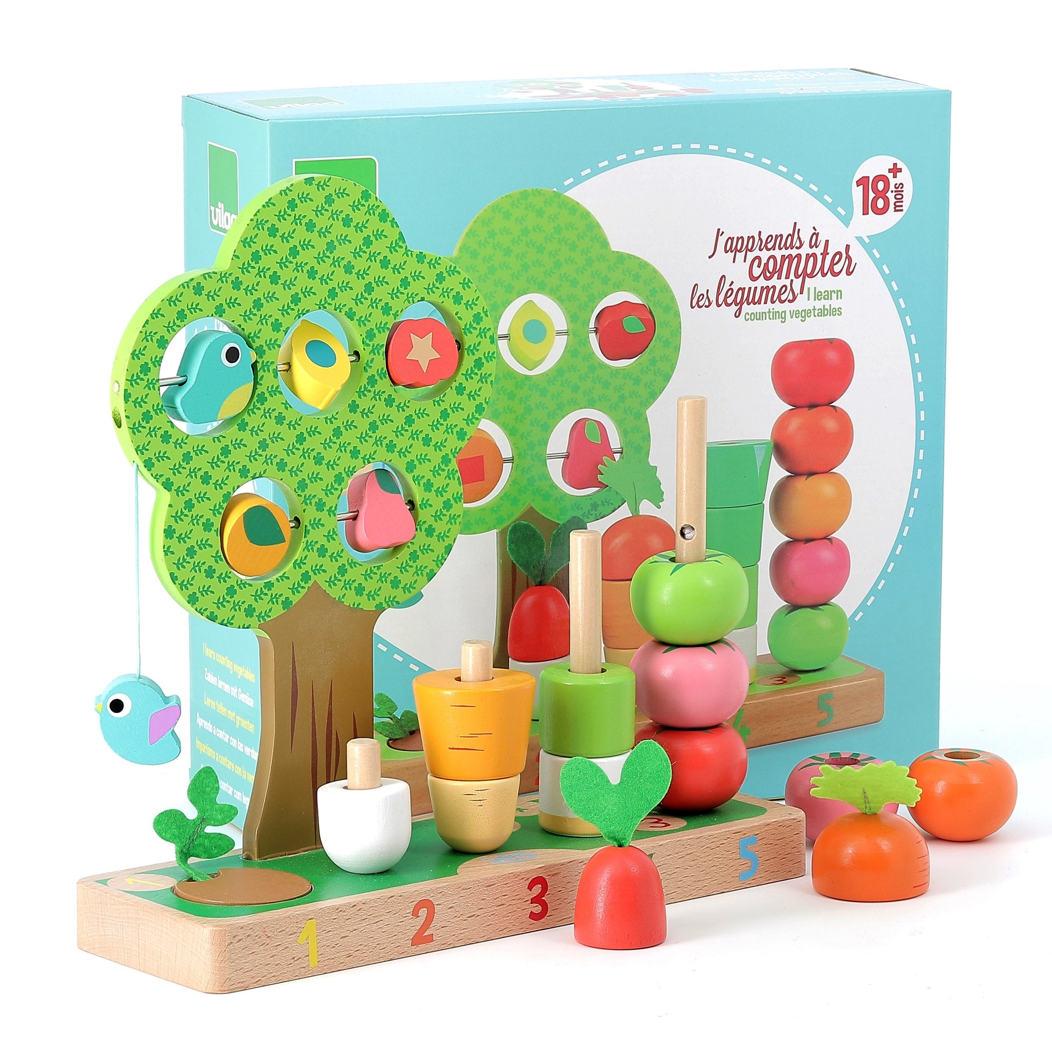 Buntes Holzspielzeug mit Bäumen, Gemüse und Zahlen zum Zählenlernen.