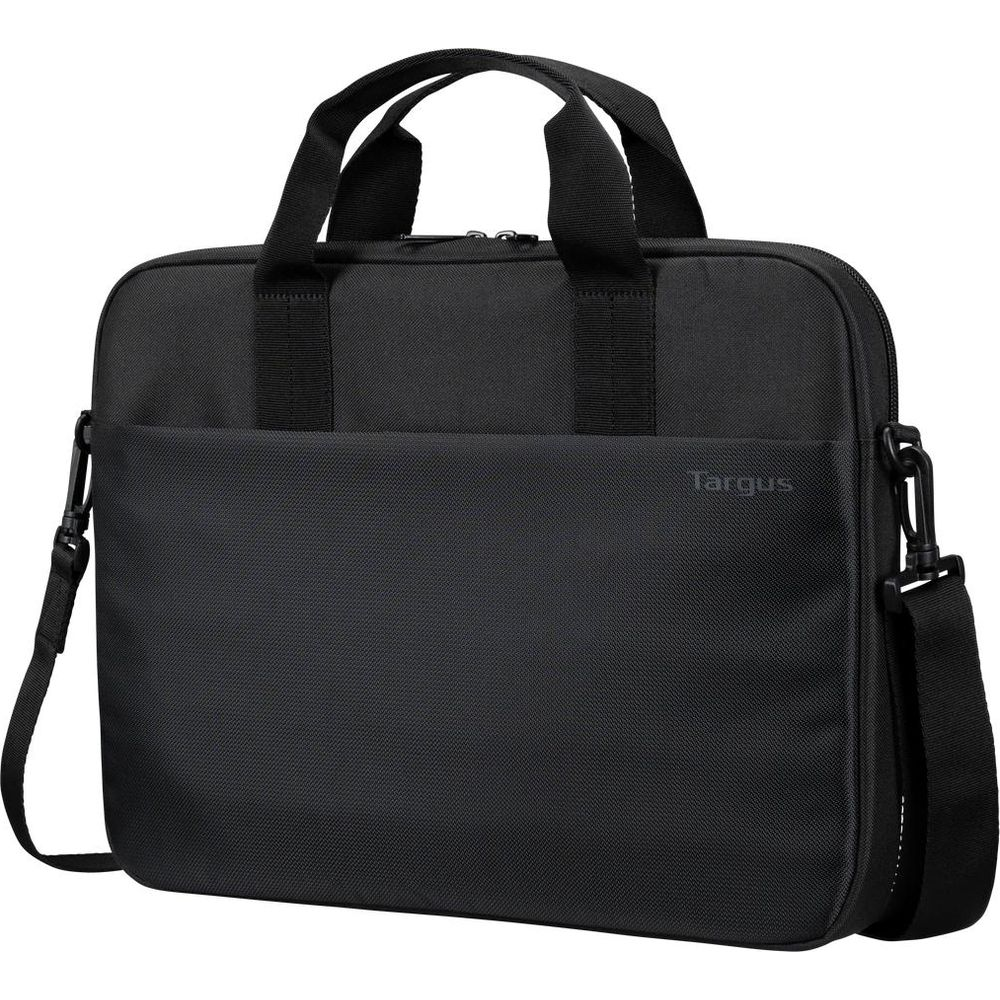 Eine schwarze Targus Laptoptasche mit Handgriffen und Schultergurt vor weißem Hintergrund.