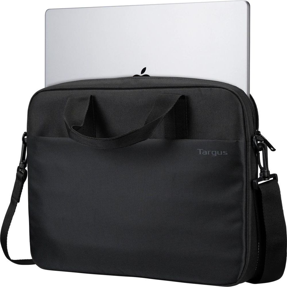 Eine schwarze Targus-Laptoptasche mit Tragegriffen, Umhängegurt und einer darin verstauten silbernen Laptop.