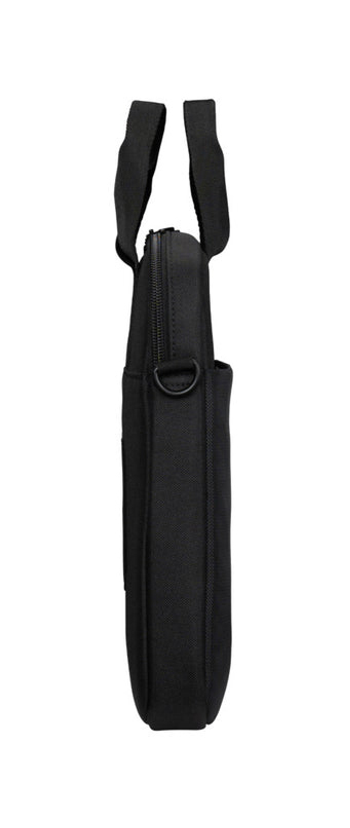 Eine schwarze Laptoptasche mit Tragegriffen im Seitenprofil auf weißem Hintergrund.
