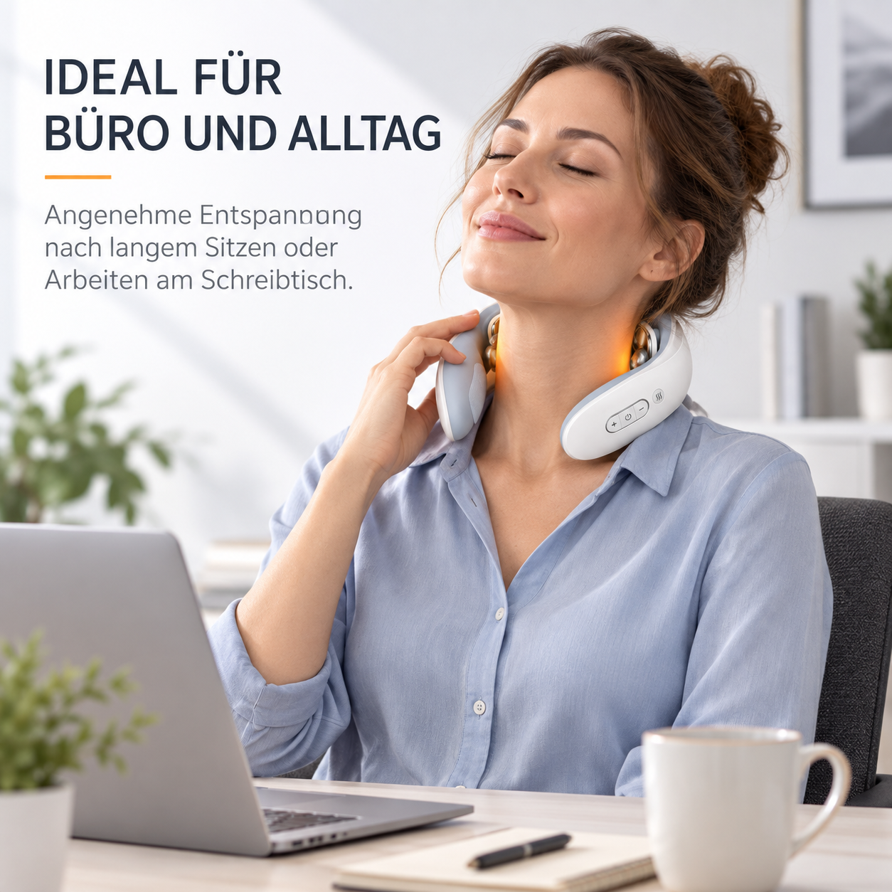 Frau mit Nackenmassagegerät sitzt entspannt vor dem Laptop im Büro.