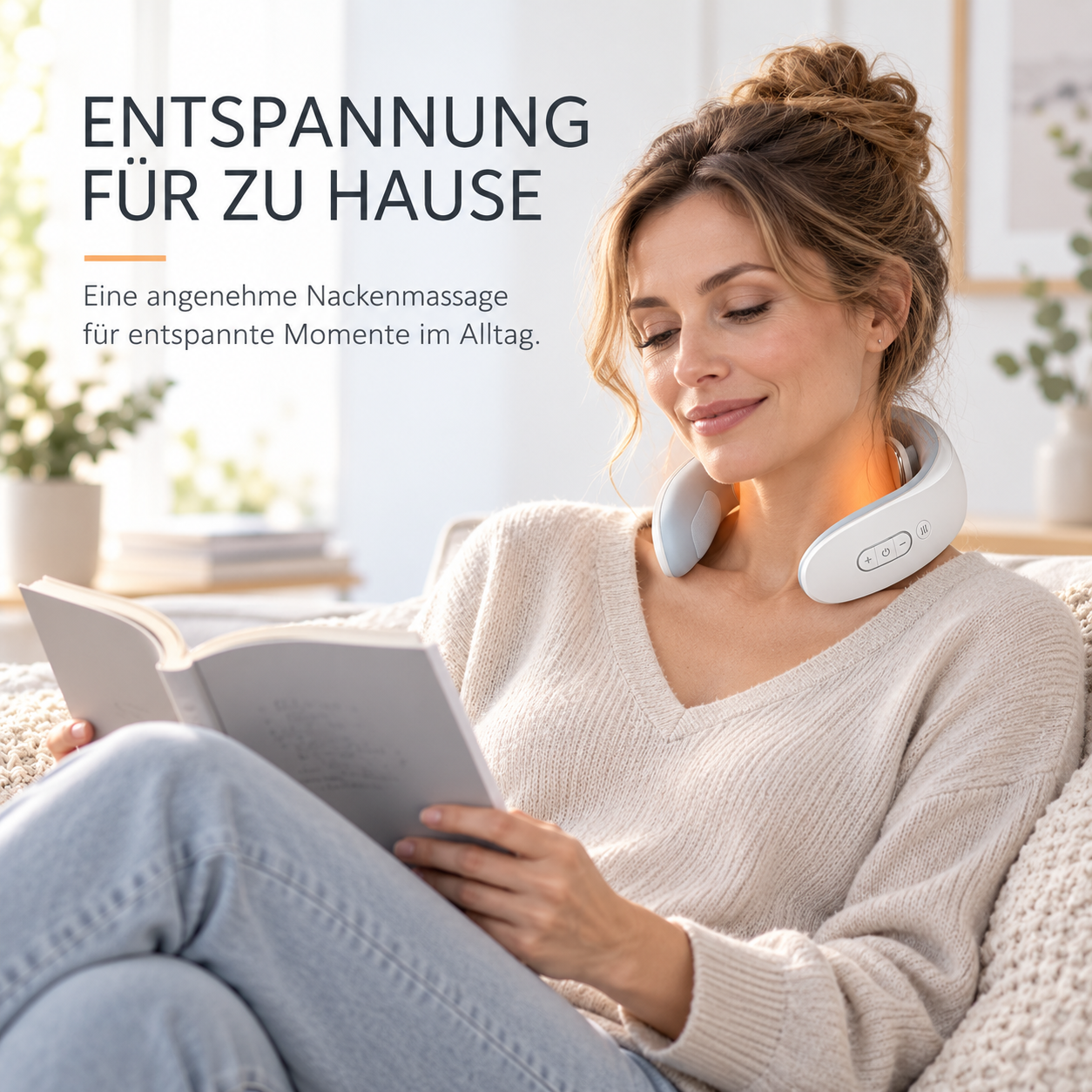 Eine Frau liest ein Buch auf einem Sofa und trägt ein Nackenmassagegerät mit wärmender Beleuchtung.