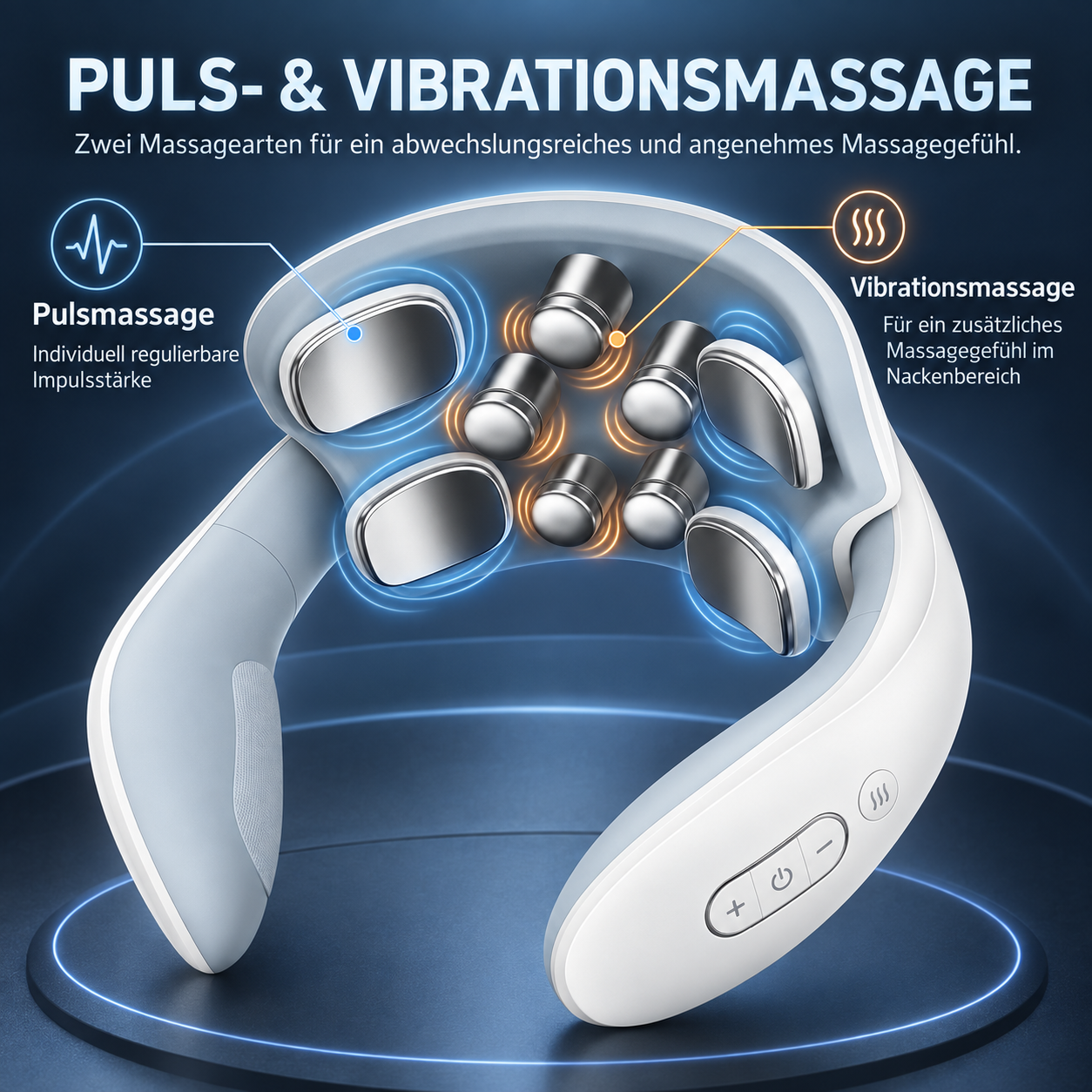 Weißes Nackendiskus-Massagegerät mit Elektroden und Vibrationsköpfen auf blauem Hintergrund mit deutscher Beschriftung.