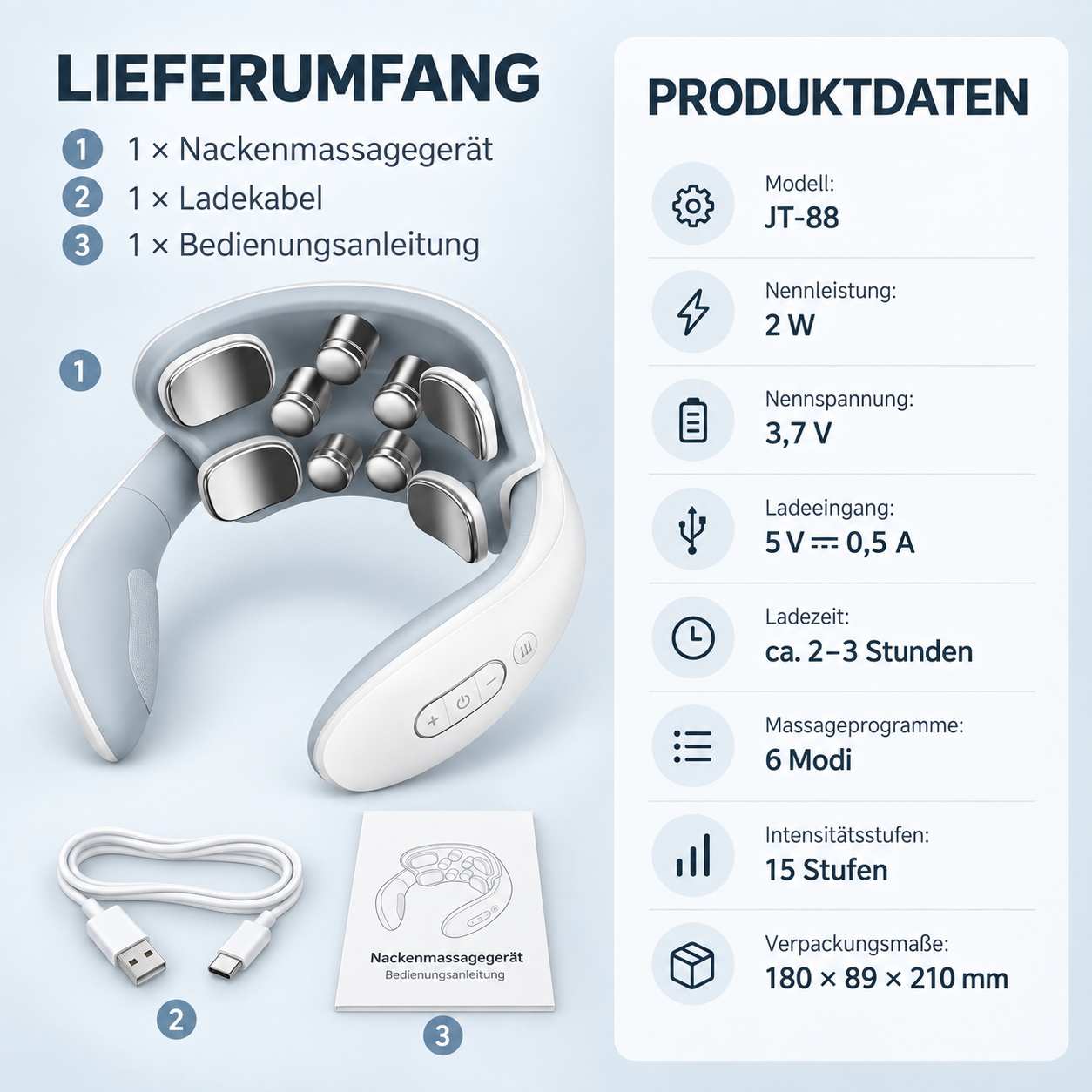 Nackenmassagegerät mit Ladekabel und Bedienungsanleitung sowie Produktdaten.
