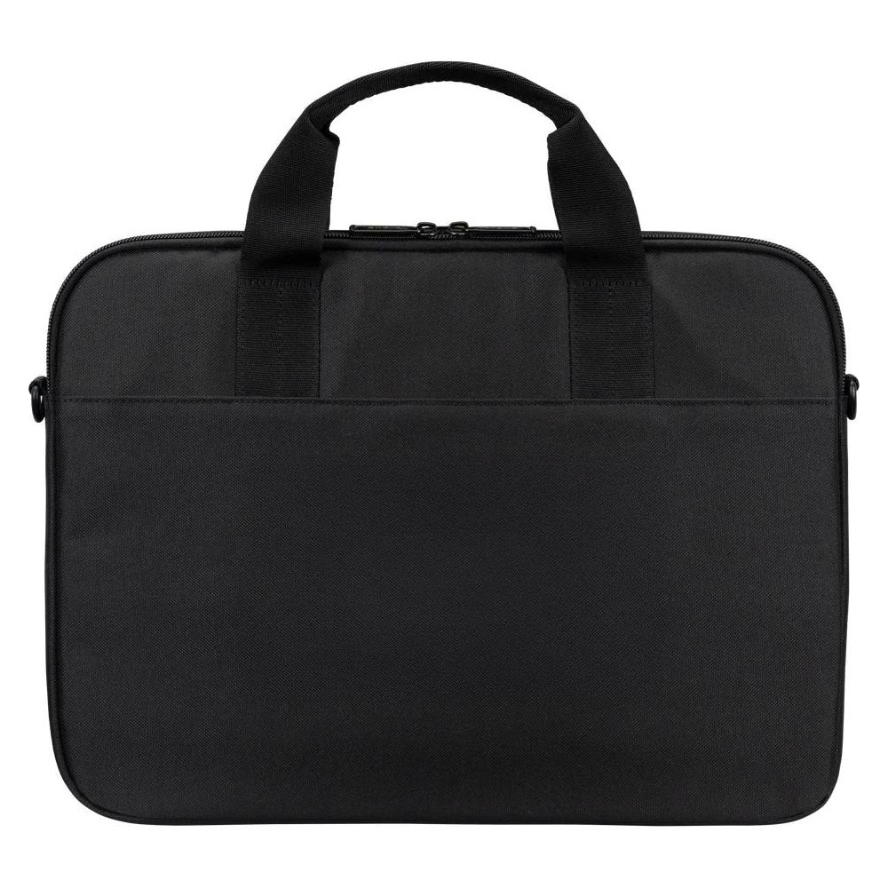 Eine schlichte schwarze Laptoptasche mit zwei Griffen und Reißverschluss vor weißem Hintergrund.