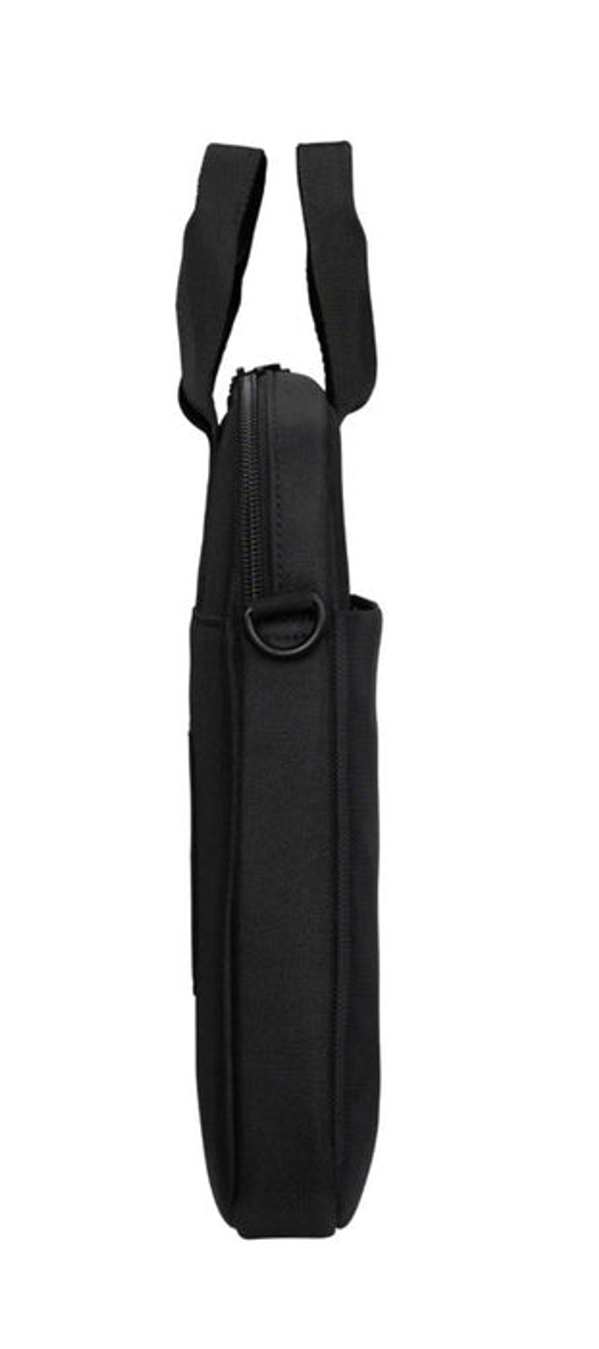 Eine schmale schwarze Laptoptasche mit zwei Griffen und Reißverschluss von der Seite gesehen.