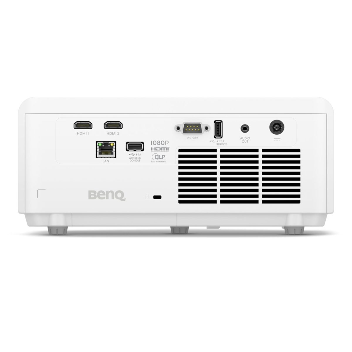 Rückseite des weißen BenQ-Projektors mit HDMI-, LAN-, USB-, RS-232-, Audio- und Stromanschlüssen sowie Lüftungsgittern.