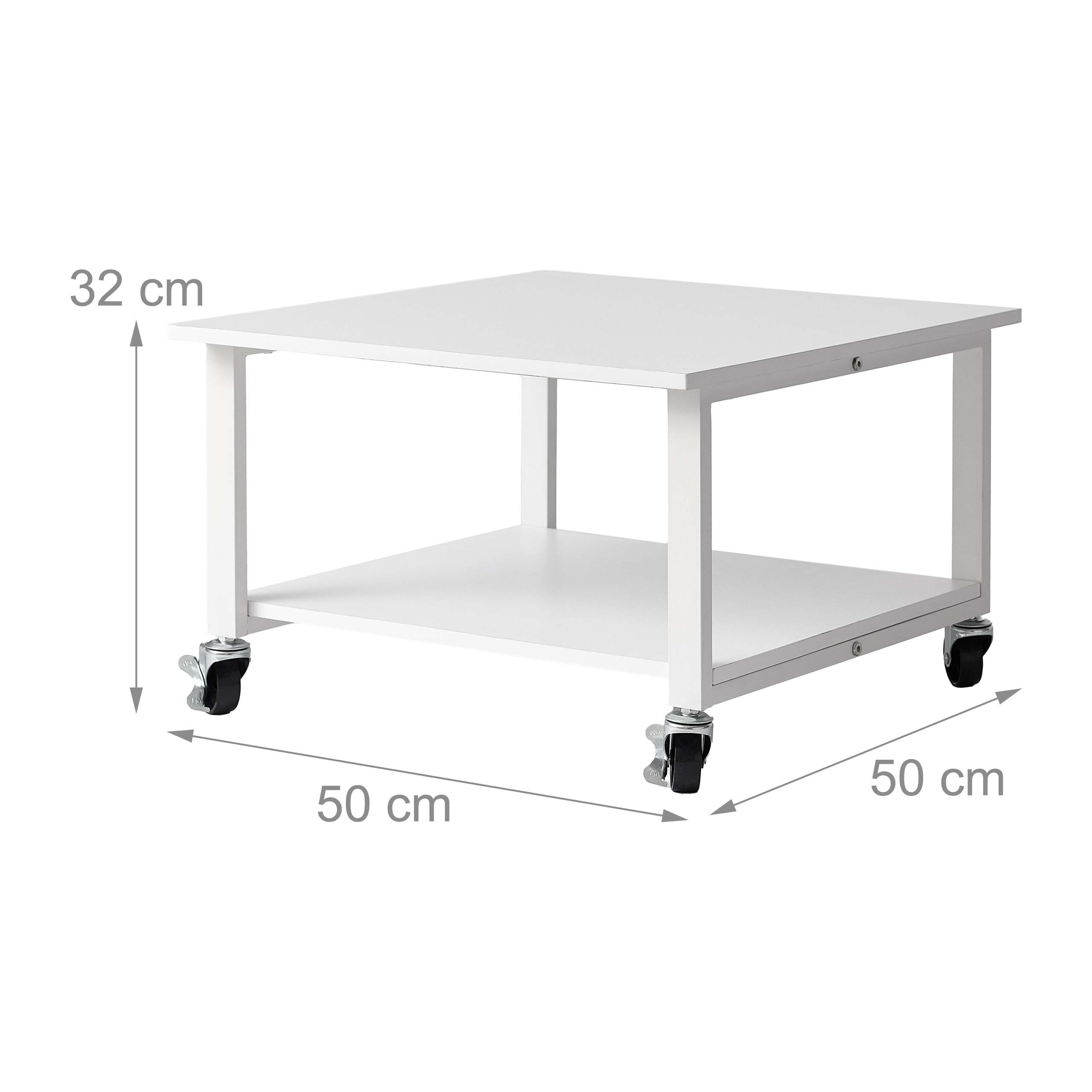 Weißer Beistelltisch auf Rollen mit den Maßen 50x50x32 cm vor weißem Hintergrund.