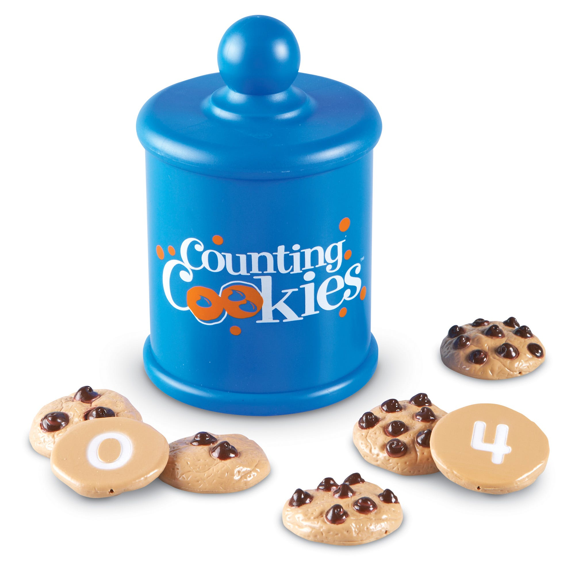 Blaue Keksdose mit der Aufschrift Counting Cookies und Plastikkeksen mit Zahlen und Schokostückchen davor.