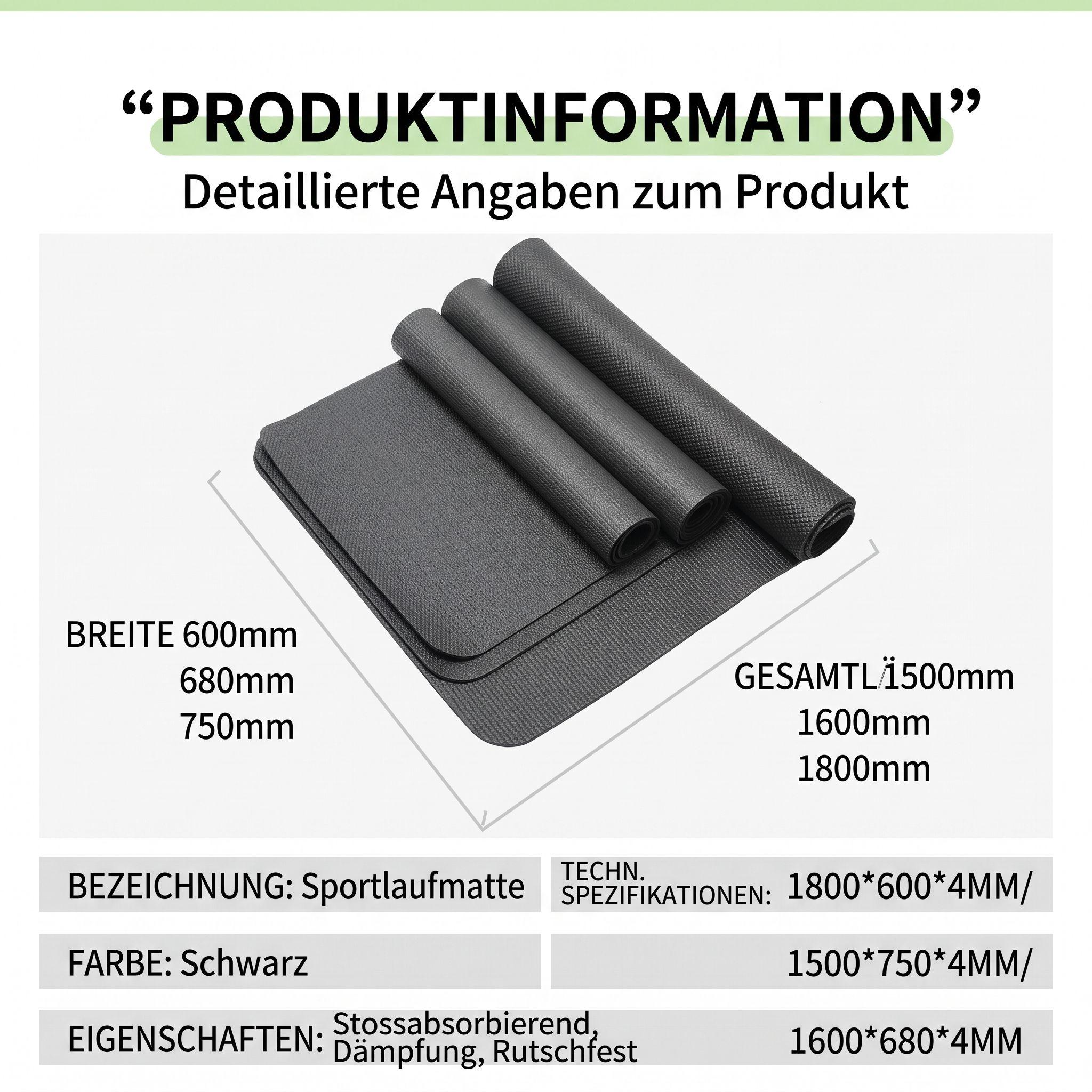 Produktinformation zu einer schwarzen Sportlaufmatte mit Maßen, Farben und technischen Eigenschaften.