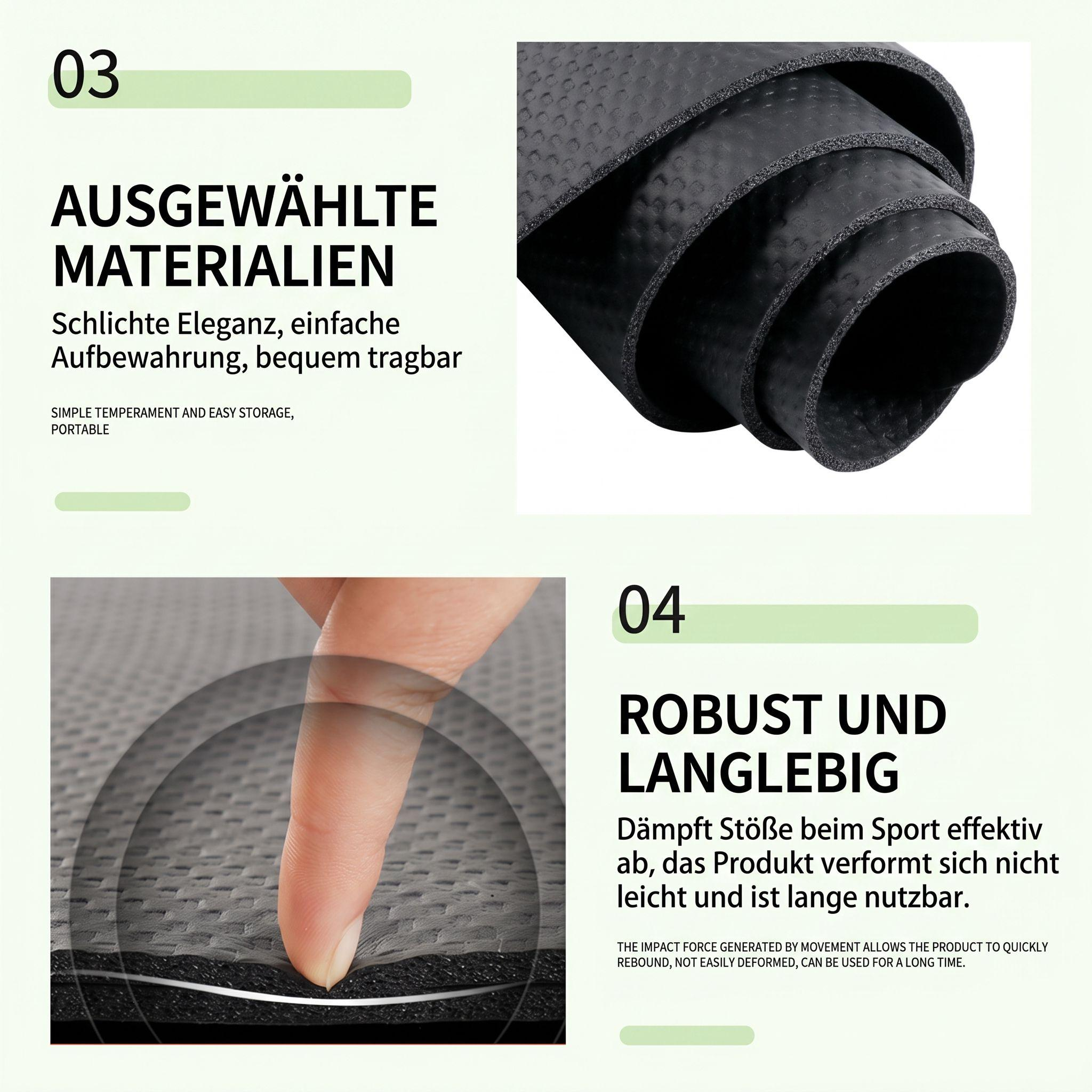 Gerollte schwarze Matte und ein Finger drückt auf die strukturierte Oberfläche mit deutschem und englischem Text.