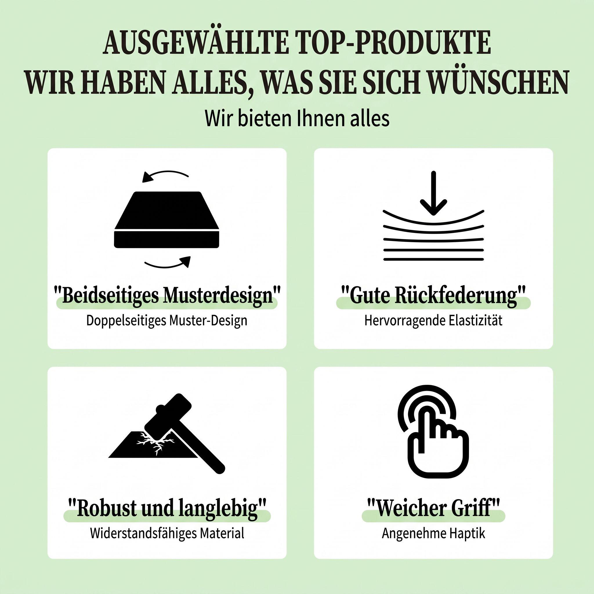 Eine Infografik mit vier Produktdesign-Symbolen für Wendbarkeit, Rückfederung, Robustheit und Weichheit.