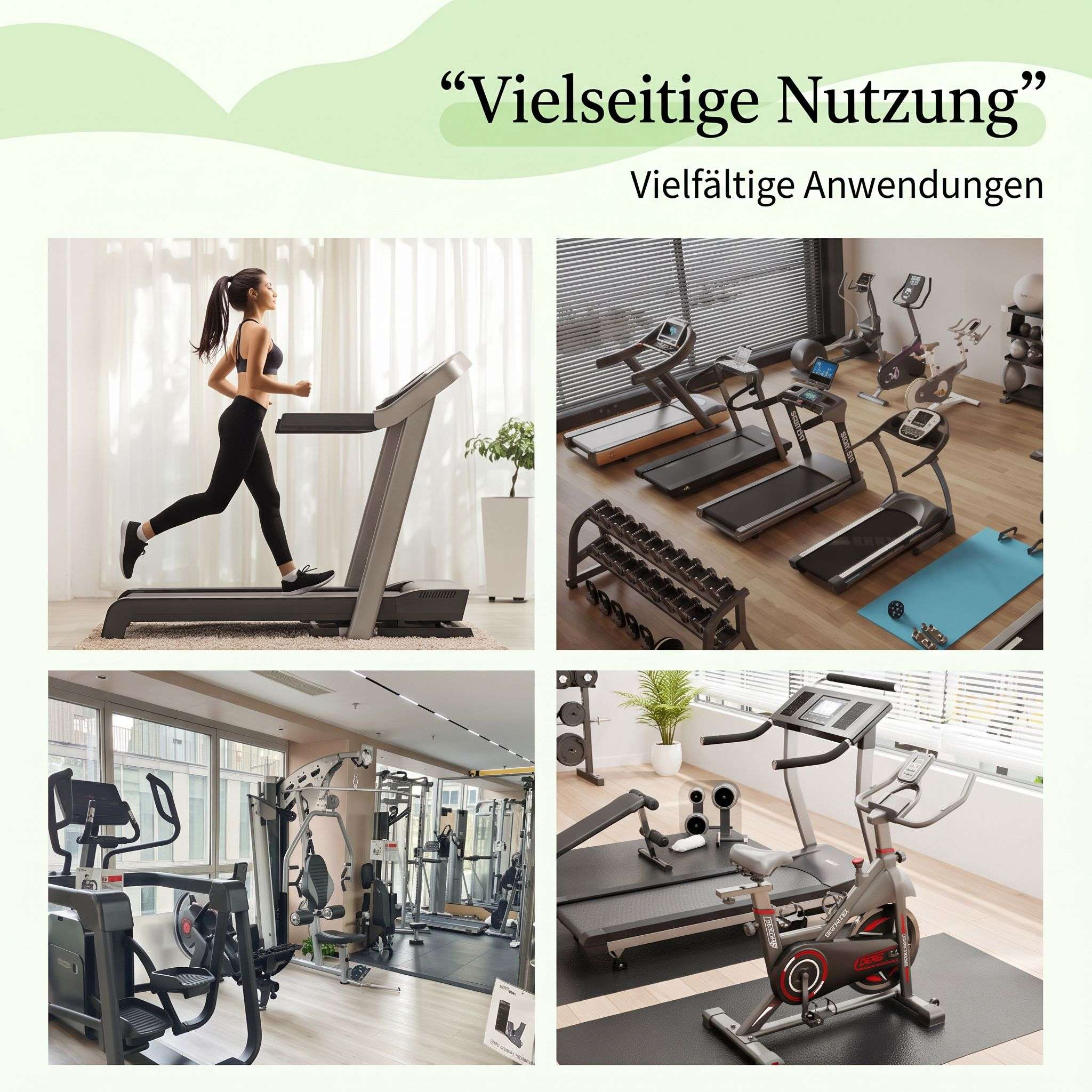 Collage von Fitnessgeräten in einem hellen Raum, darunter Laufbänder, Hanteln und ein Heimtrainer.