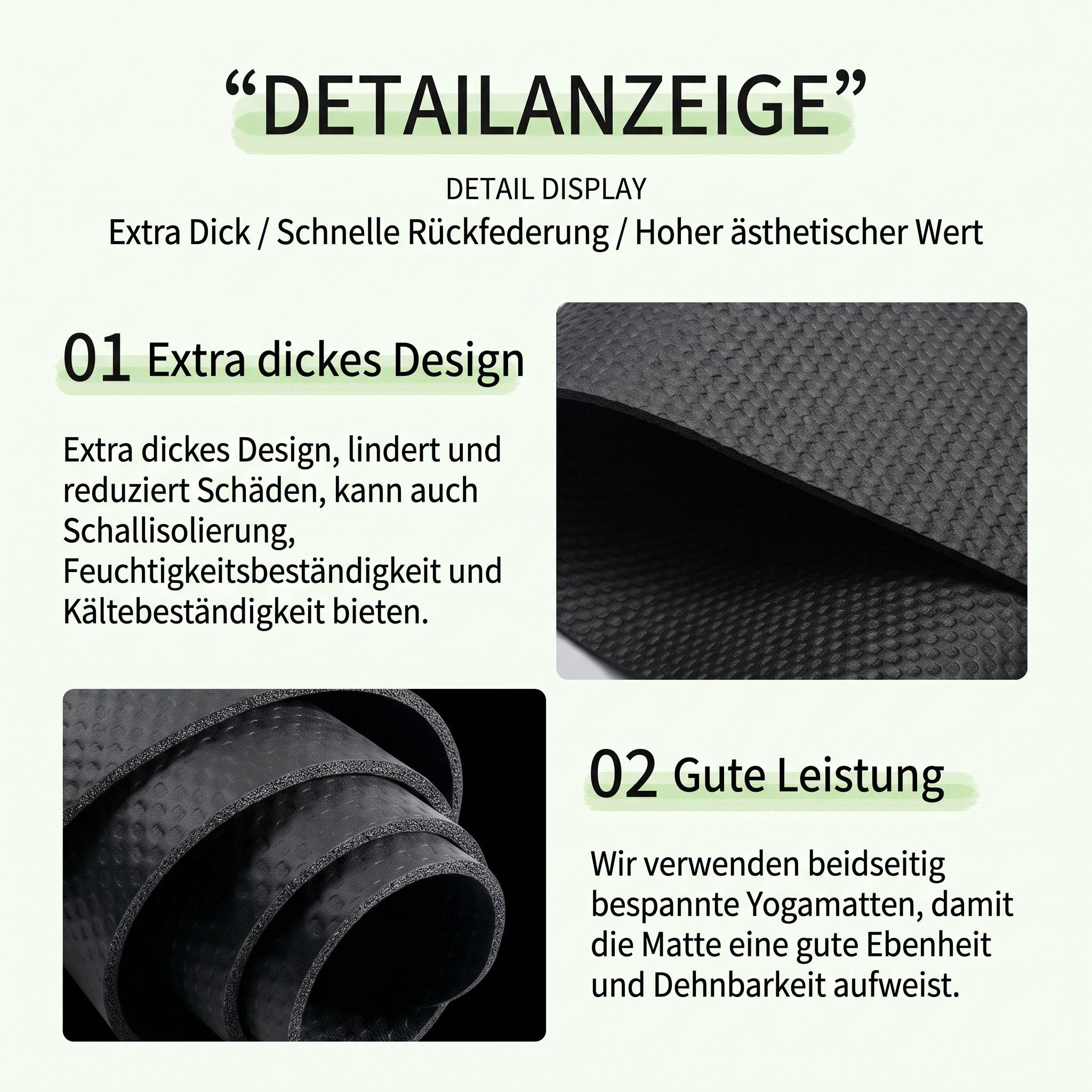 Produktdarstellung mit deutschem Text zu extra dickem Design und hoher Leistung schwarzer Yogamatten.