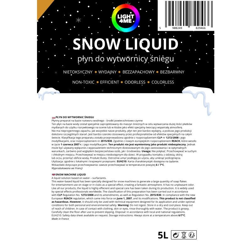 Produktetikett für Schneefluid mit schwarzem Hintergrund, weißem Text und detaillierten Sicherheitshinweisen.