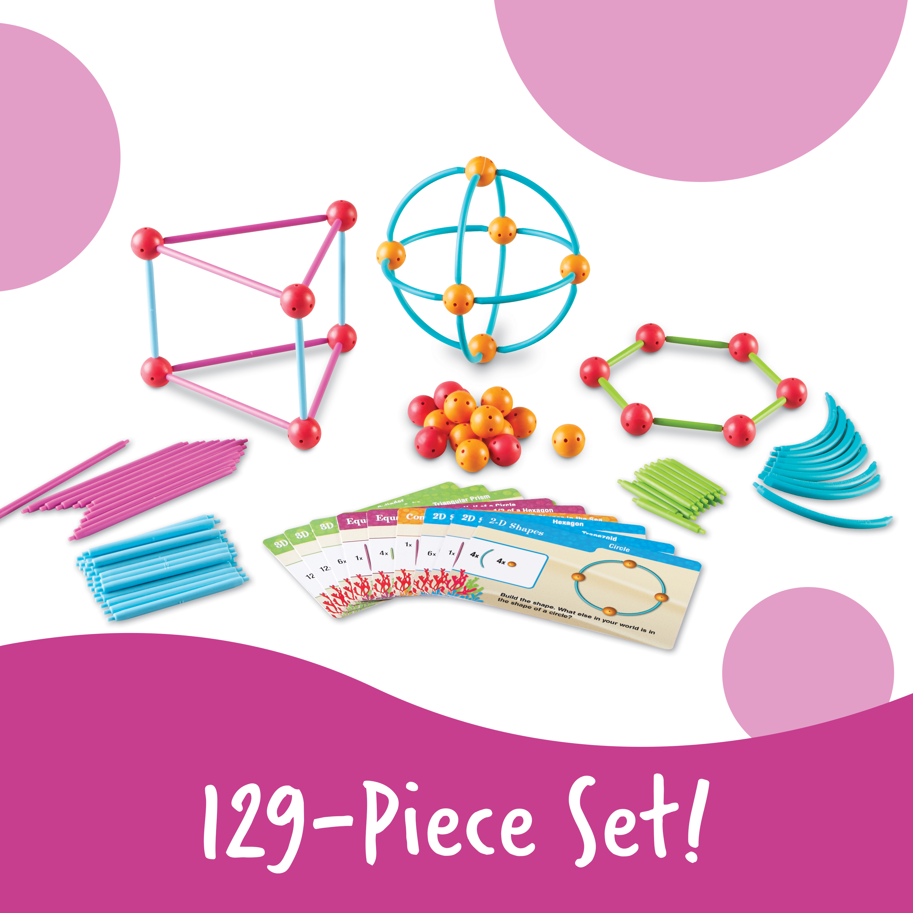 Ein 129-teiliges Lern-Geometrie-Baukasten-Set mit bunten Stäben, Kugeln und Form-Karten.