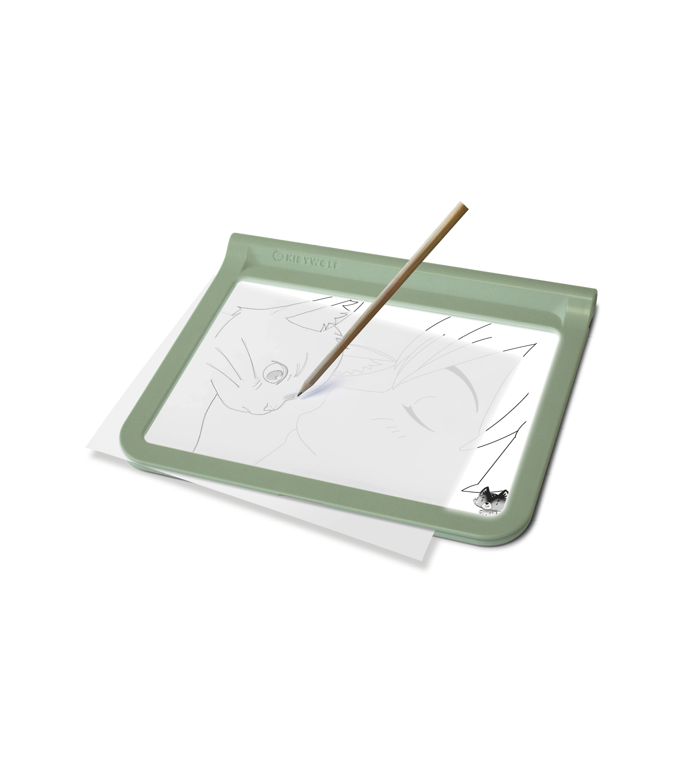 Ein grünes Leuchtbrett zum Zeichnen mit einem Papierblatt und einem Stift darauf.