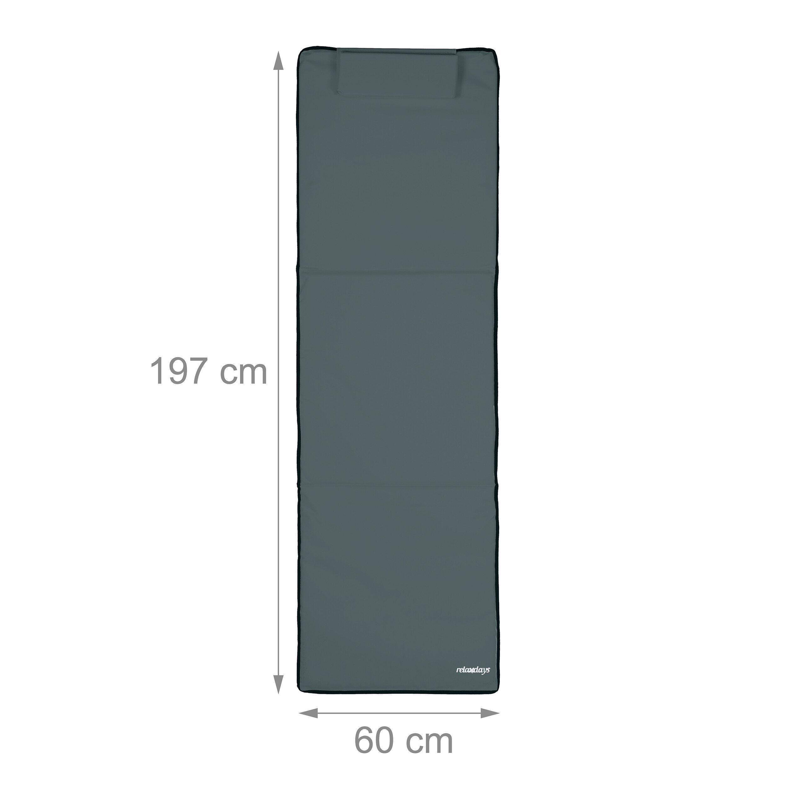 Dunkelgraue Liegematte mit den Maßen 197x60 cm und integriertem Kissen.