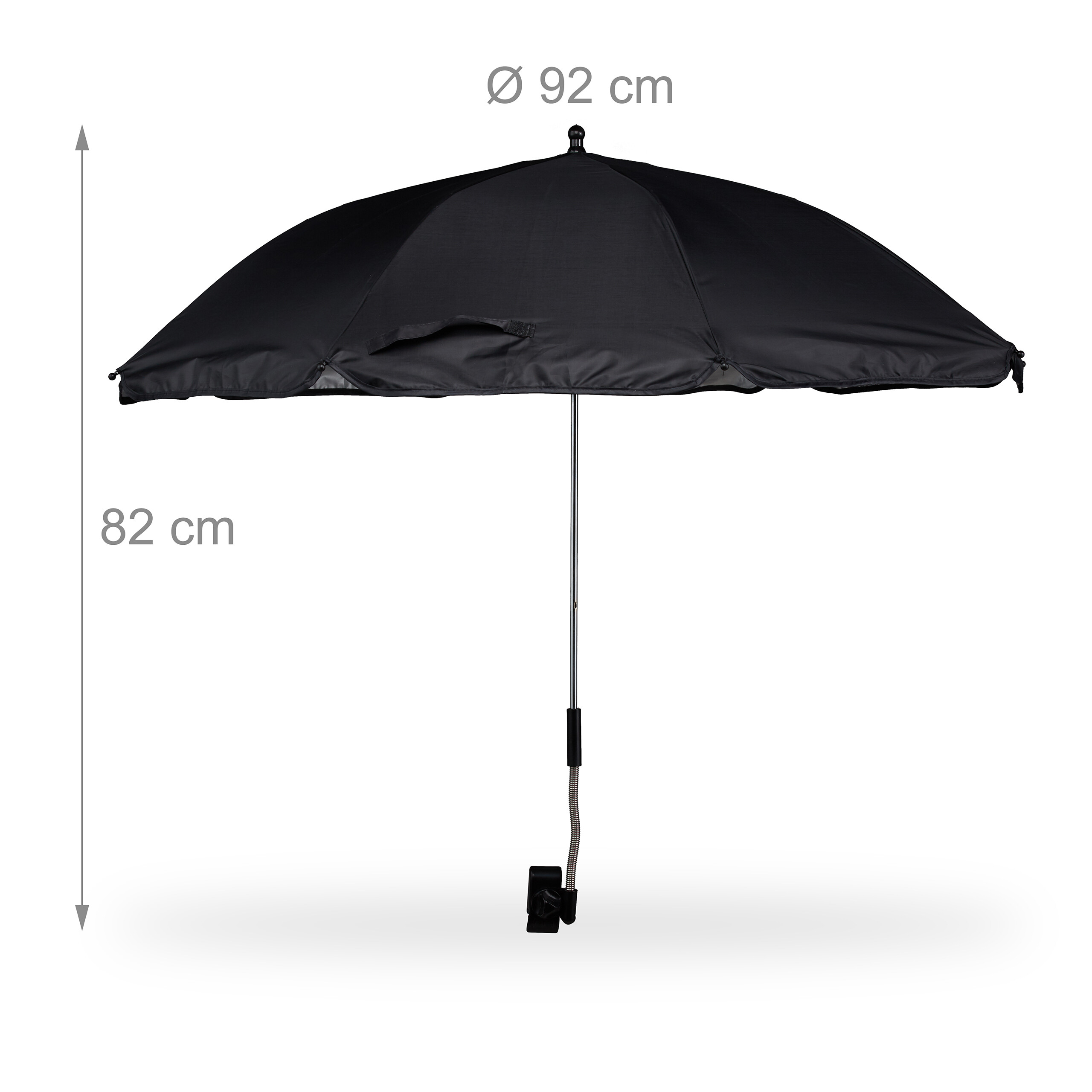 Ein schwarzer Sonnenschirm mit einer Spannweite von 92 cm und einer Höhe von 82 cm auf weißem Hintergrund.
