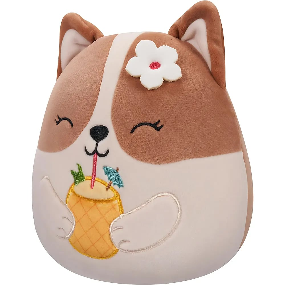 Ein Plüschtier in Hundeform mit weißem und braunem Fell, einer Blume auf dem Kopf und einem Cocktail in den Händen.