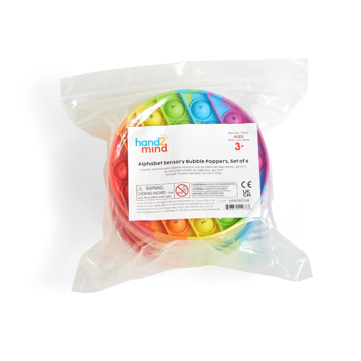 Set von Alphabet-Sensor-Blasenpoppern in einer Plastiktüte mit einem Hand2mind-Produktetikett.