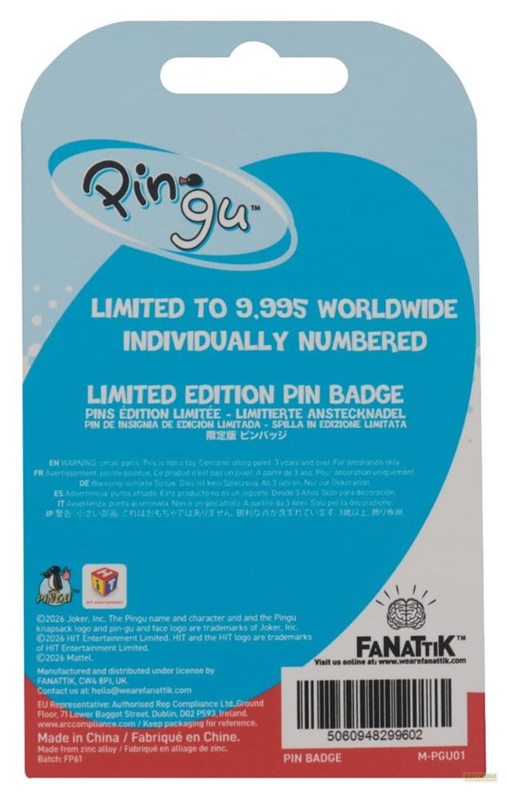 Rückseite einer blau-weißen Verpackung für eine limitierte Pingu-Anstecknadel mit Texten und Logos.