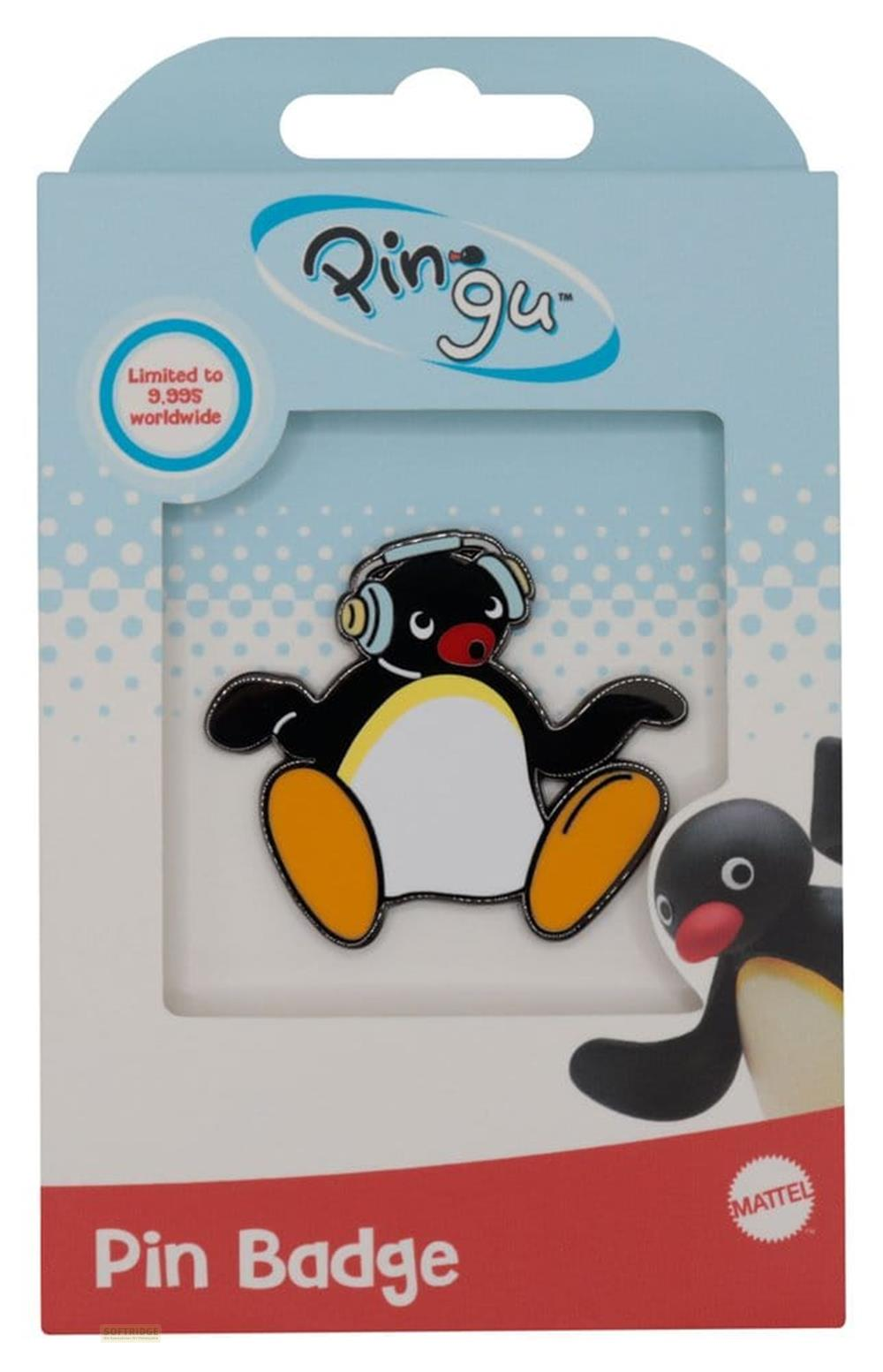 Pingu-Sammelpin in limitierter Auflage mit Kopfhörern in ungeöffneter Mattel-Verpackung.